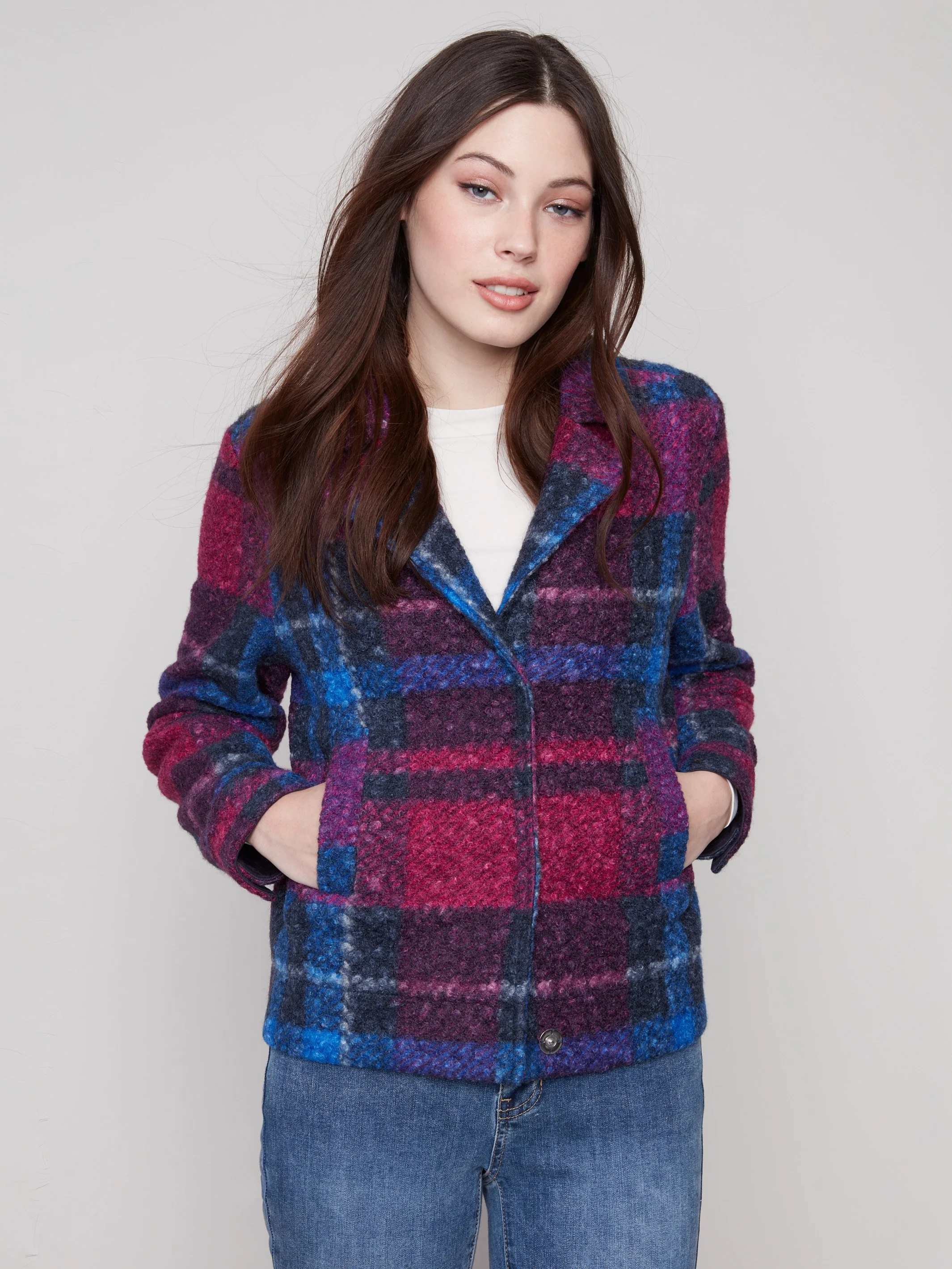 Plaid Bouclé Knit Short Coat - Navy - WHSBYS