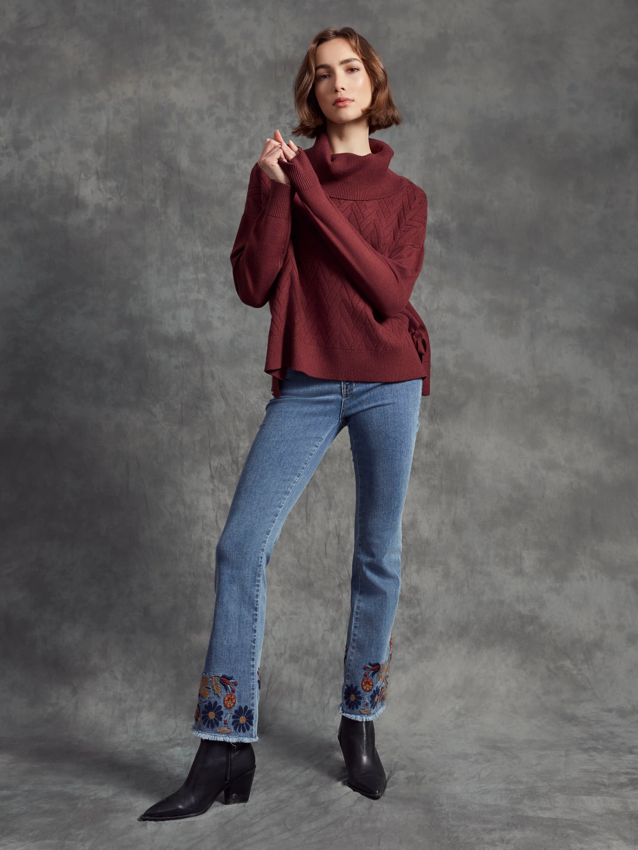 Cowl Neck Chevron Knit Sweater With Side Tie - Cabernet - WHSBYS