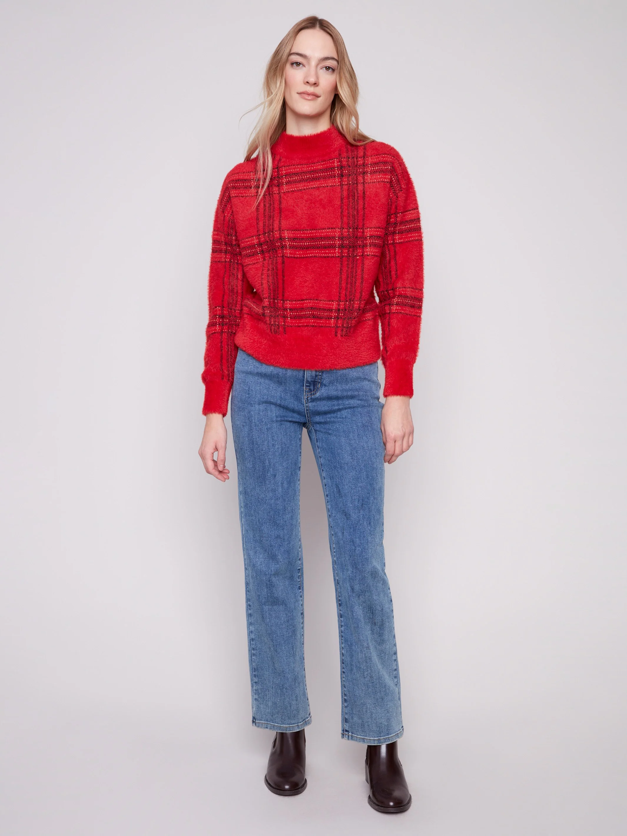 Plaid Eyelash Mock Neck Sweater - Plaid - WHSBYS