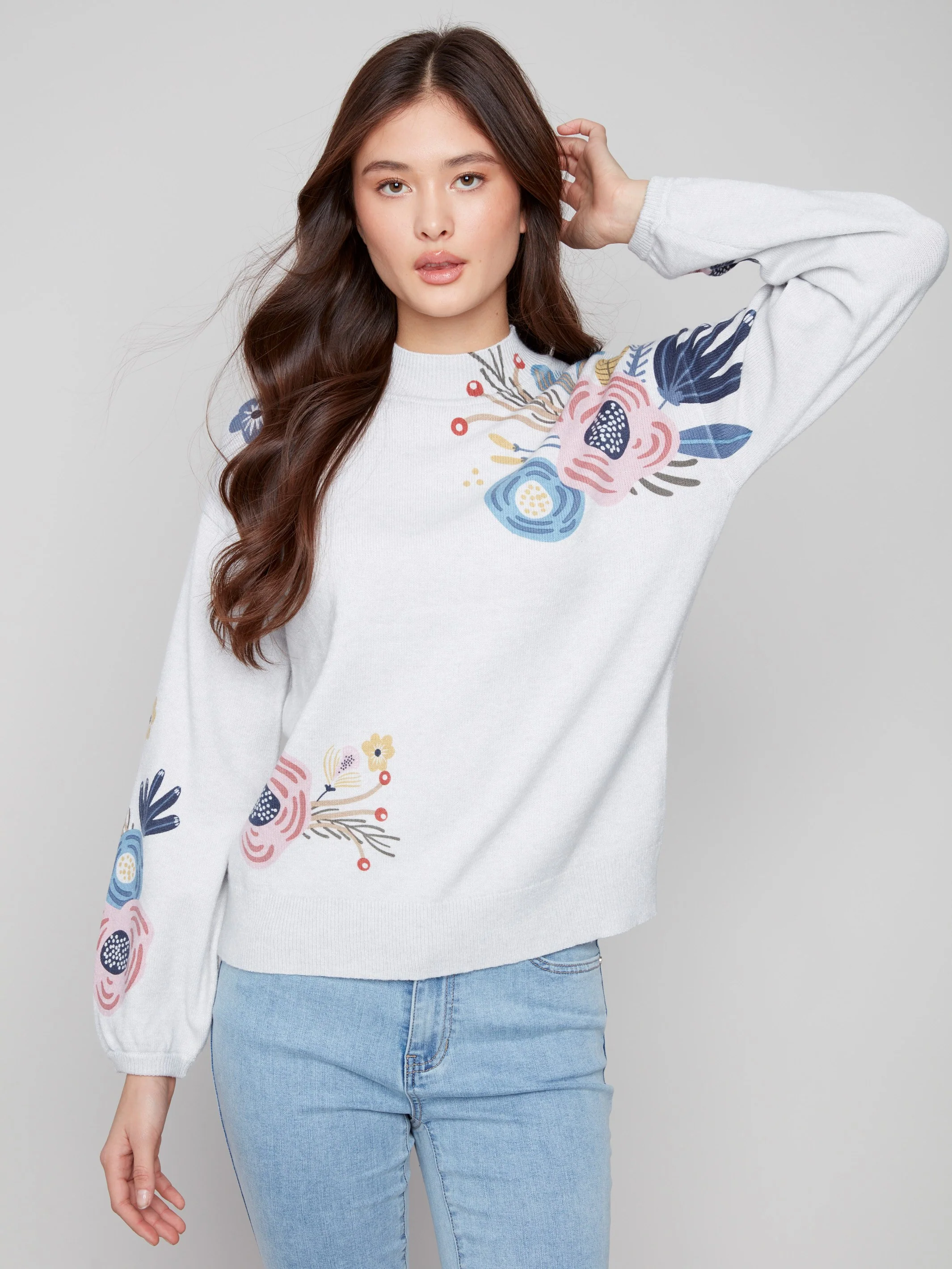 Printed Mock Neck Sweater - Heather Light Grey - WHSBYS