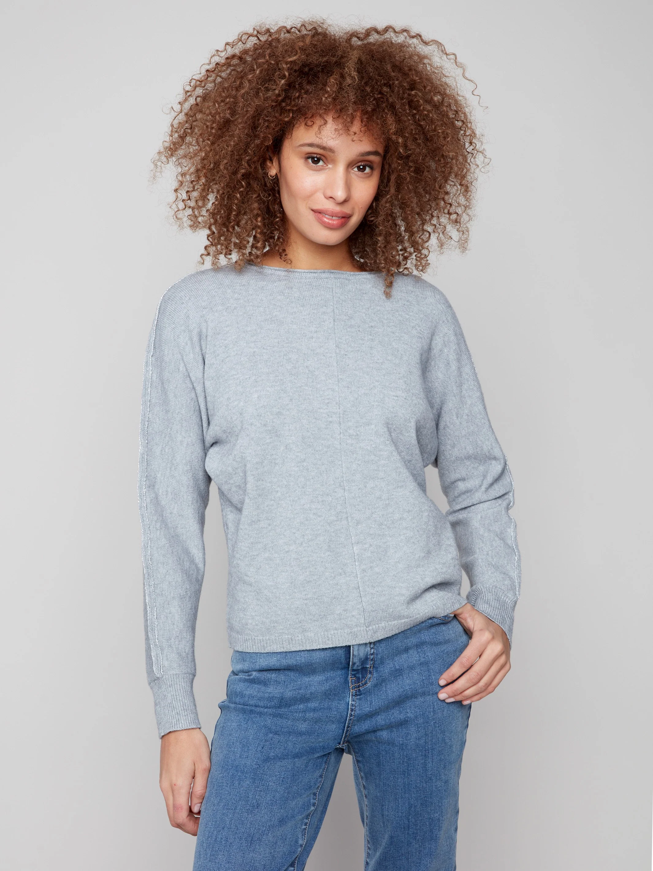 Sweater With Metallic Sleeve Detail - Heather Grey - WHSBYS