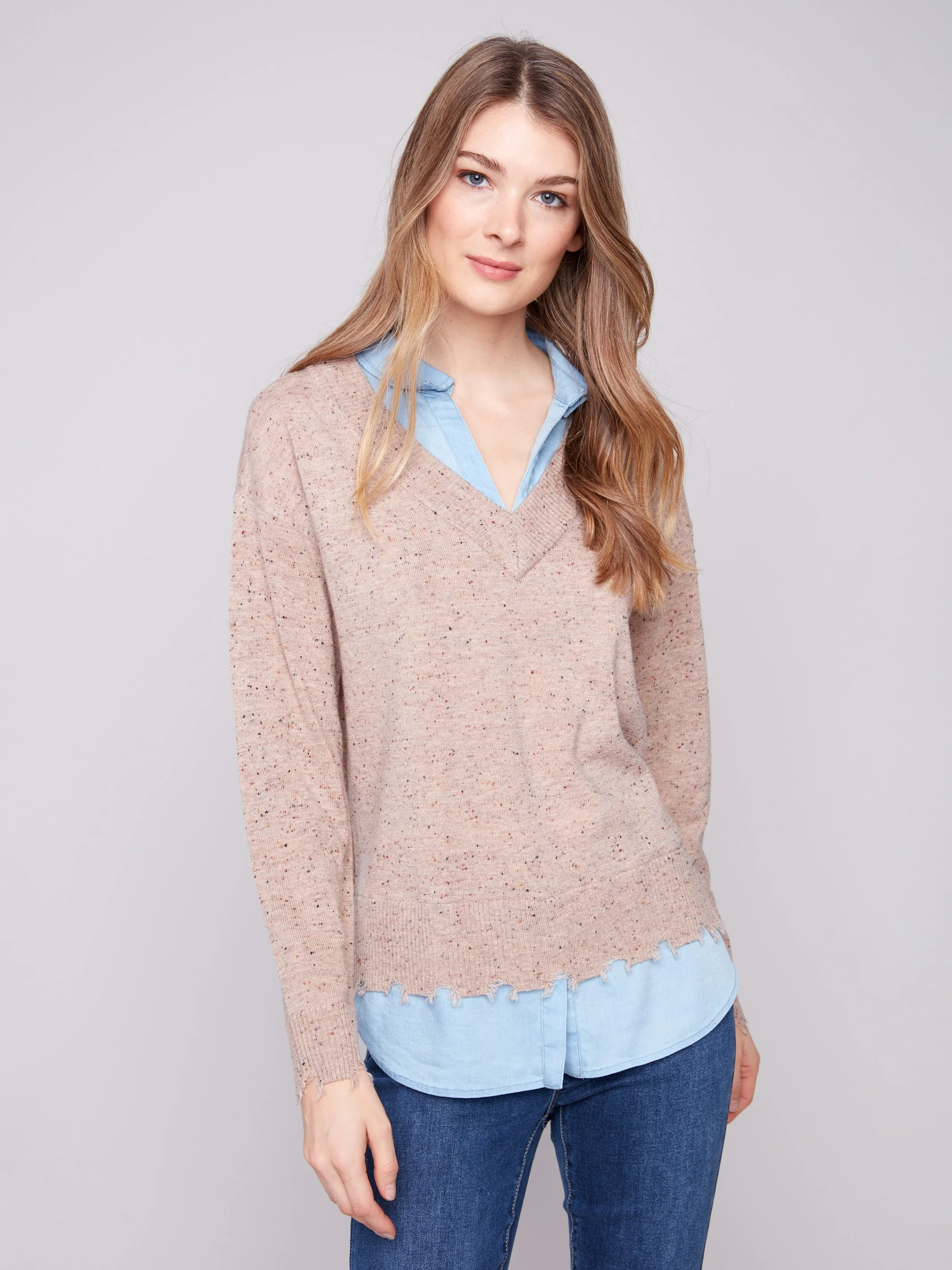 V-Neck Fooler Sweater With Shirt Collar - Oat Flecks - WHSBYS