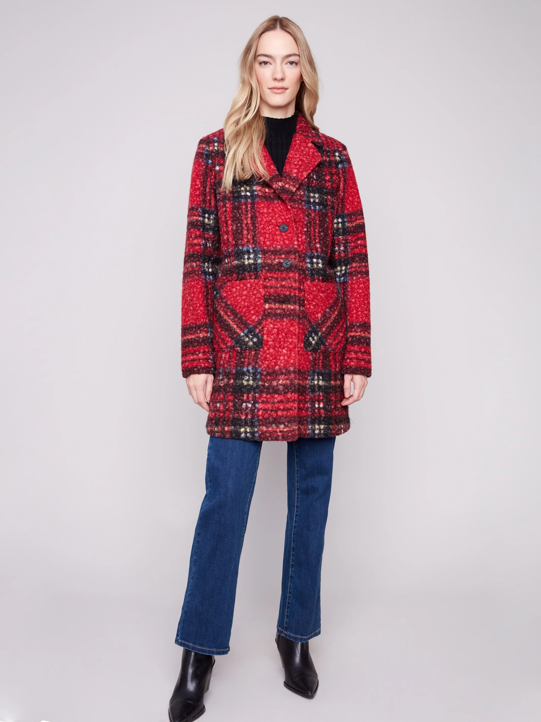 Plaid Bouclé Knit Coat - Cranberry - WHSBYS