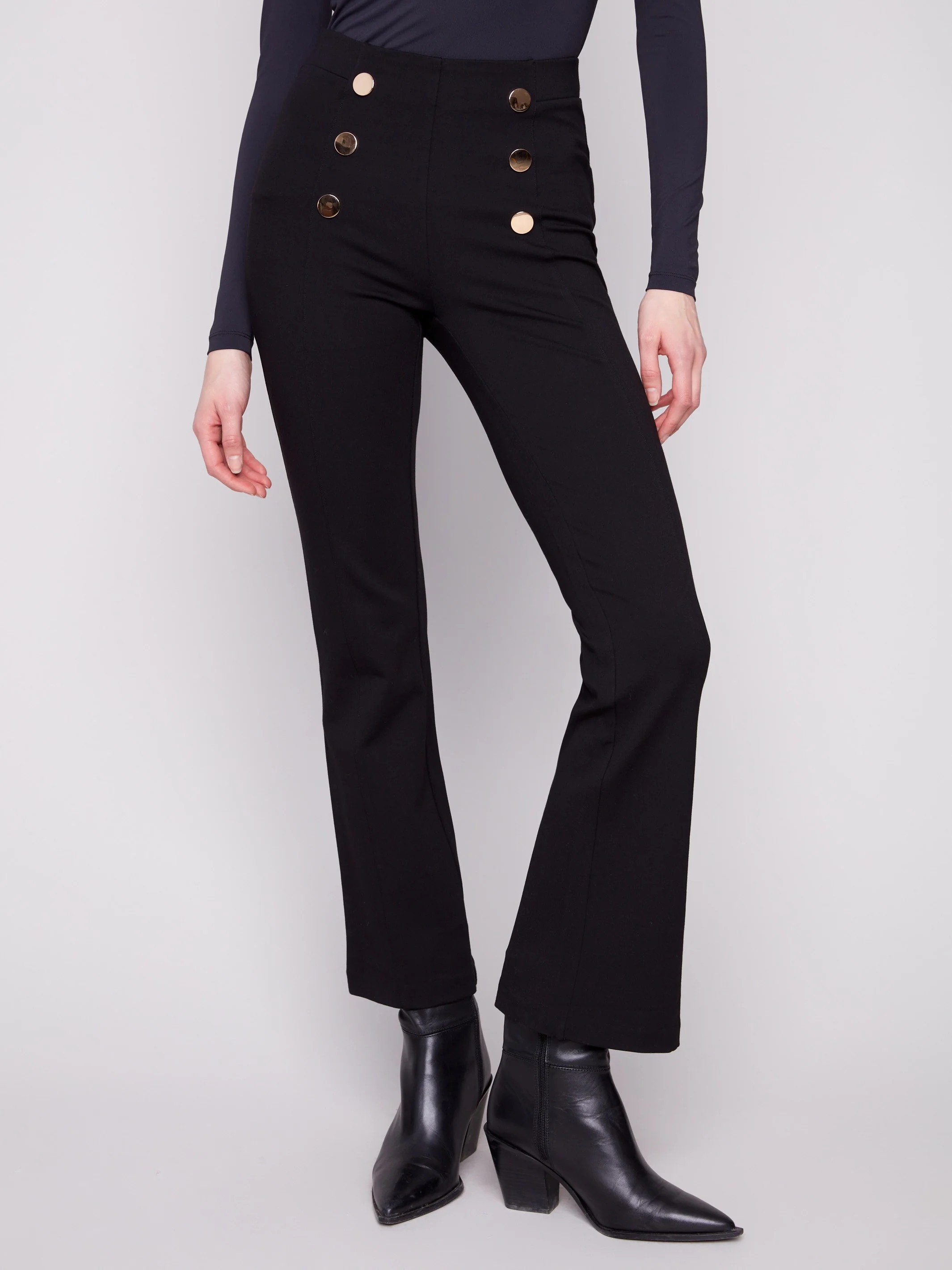 Flare Ponte Pull-On Pants With Front Buttons - Black - WHSBYS