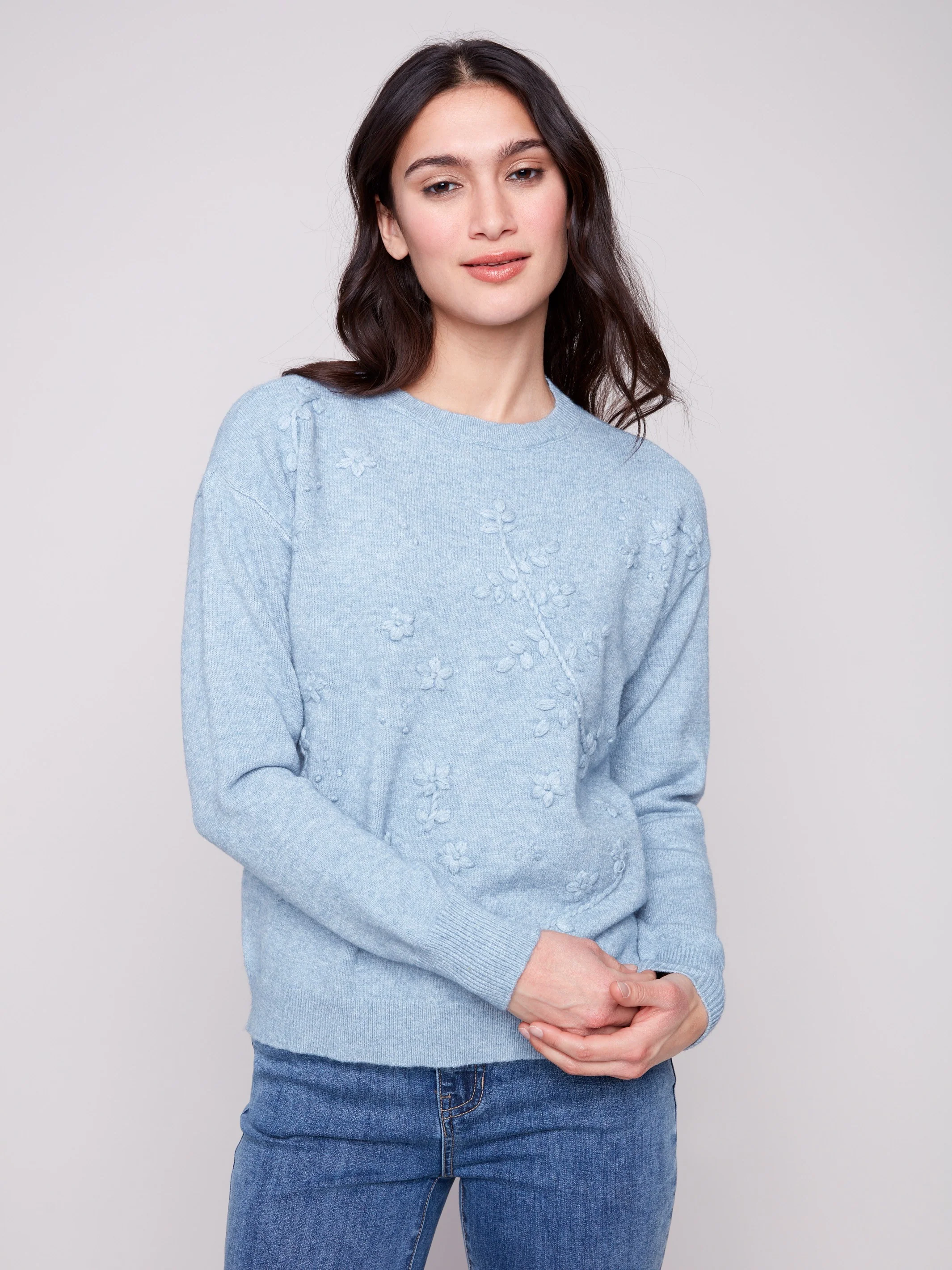 Crew Neck Sweater with Tonal Embroidery - Heather Oxford - WHSBYS