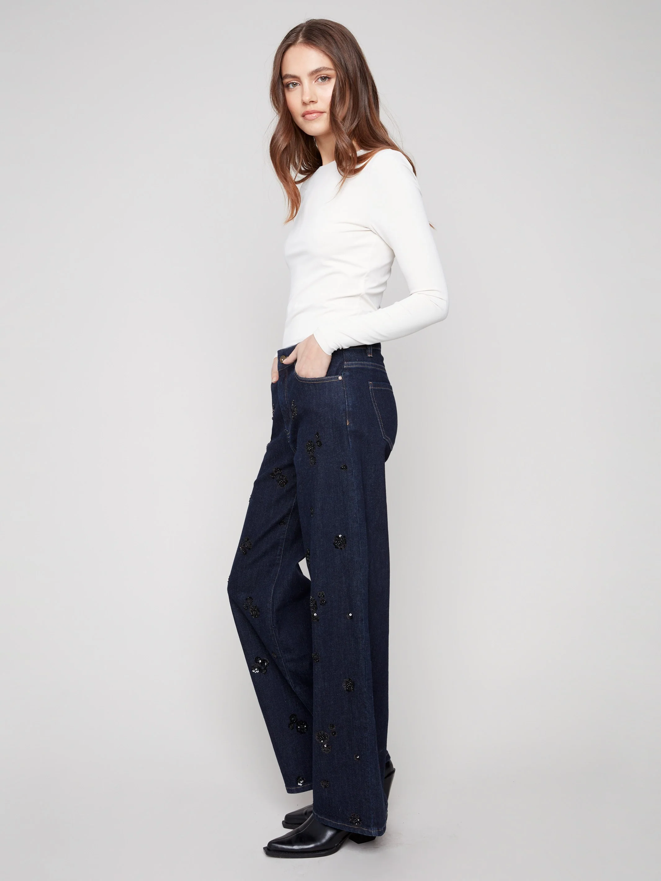 Wide Leg Sequin Embroidered Jeans - Deep Blue - WHSBYS