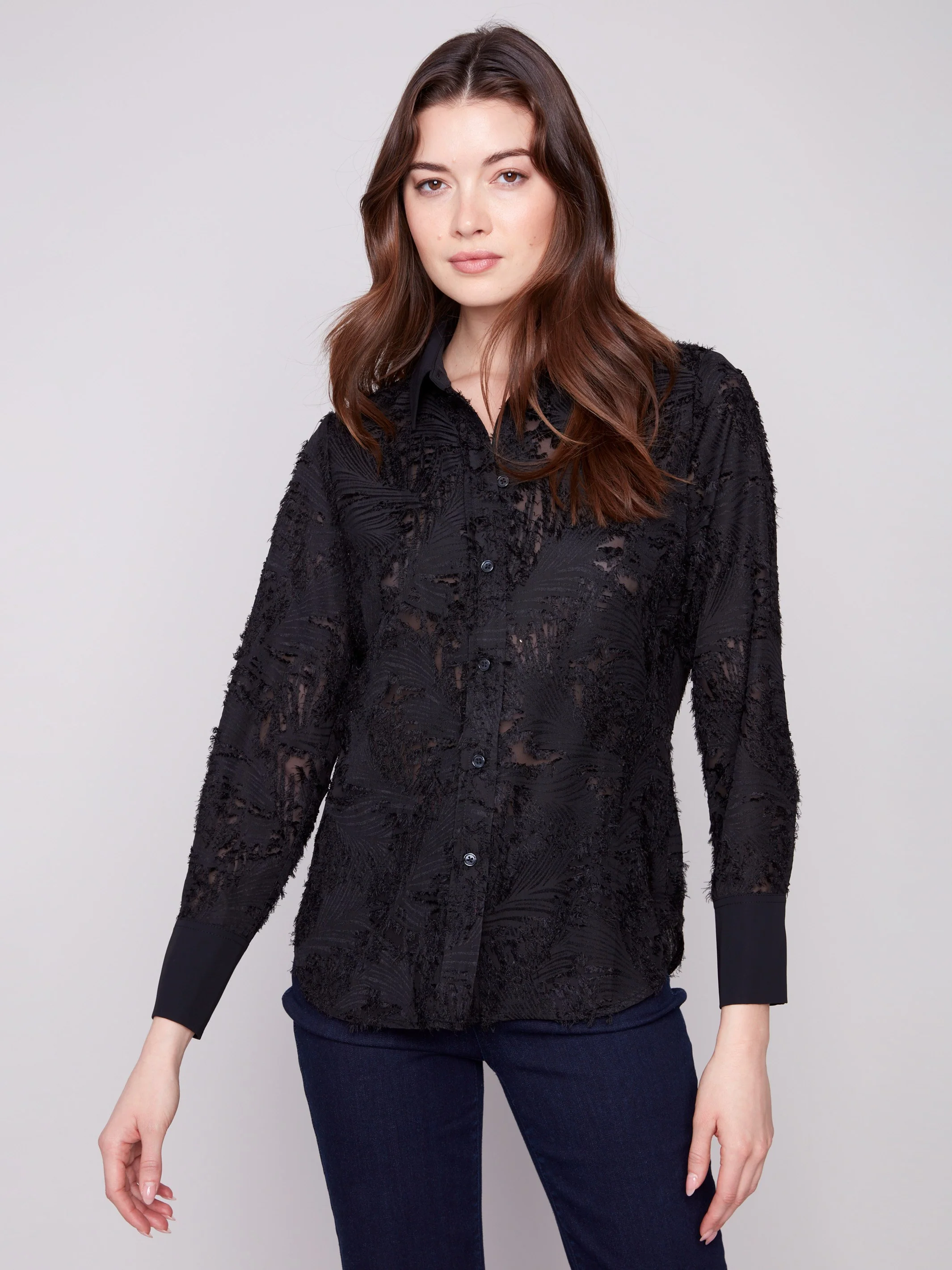 Semi-Sheer Button-Down Chiffon Shirt - Black - WHSBYS