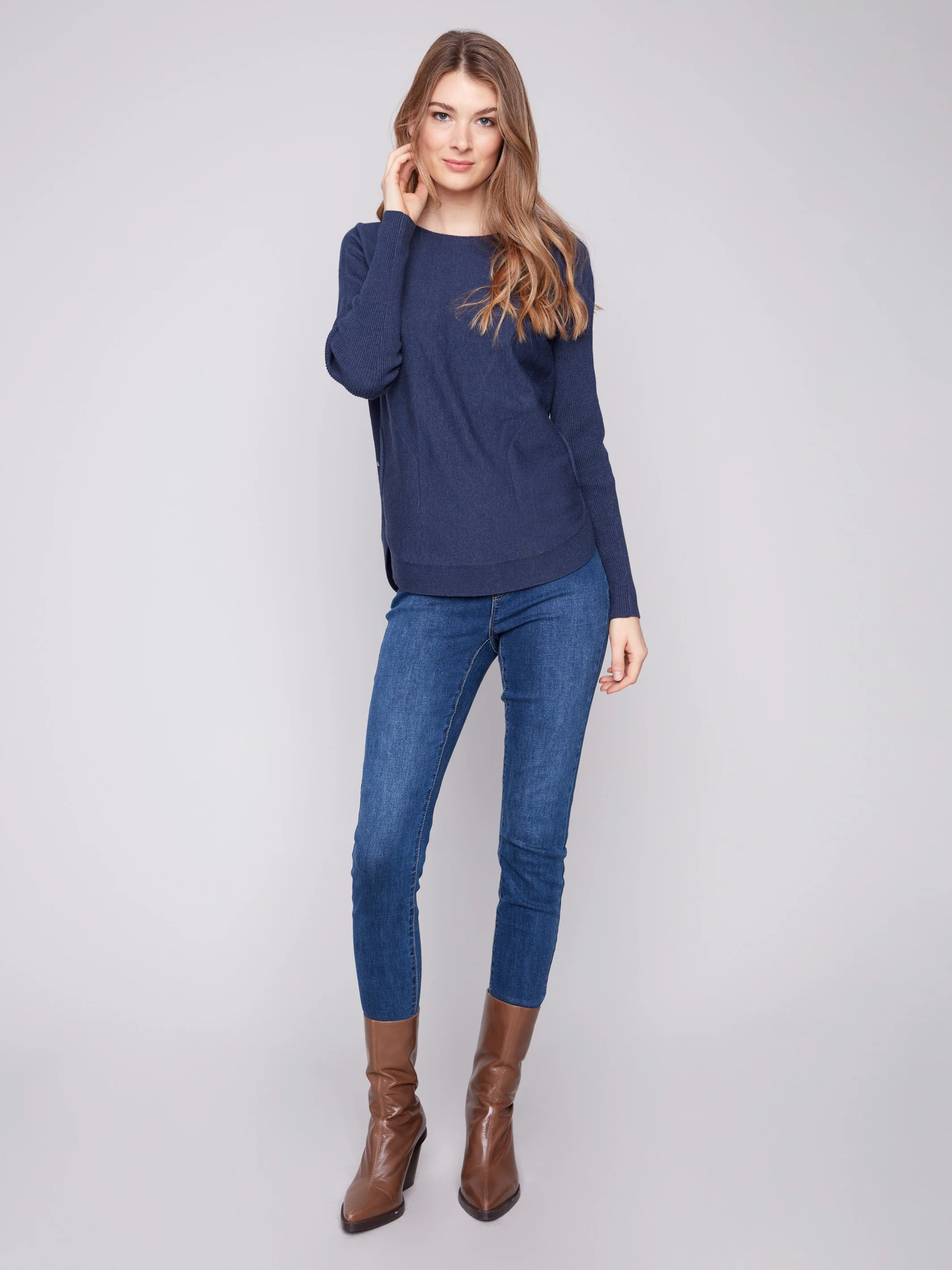 Knit Sweater With Back Lace-Up Detail - Heather Denim - WHSBYS