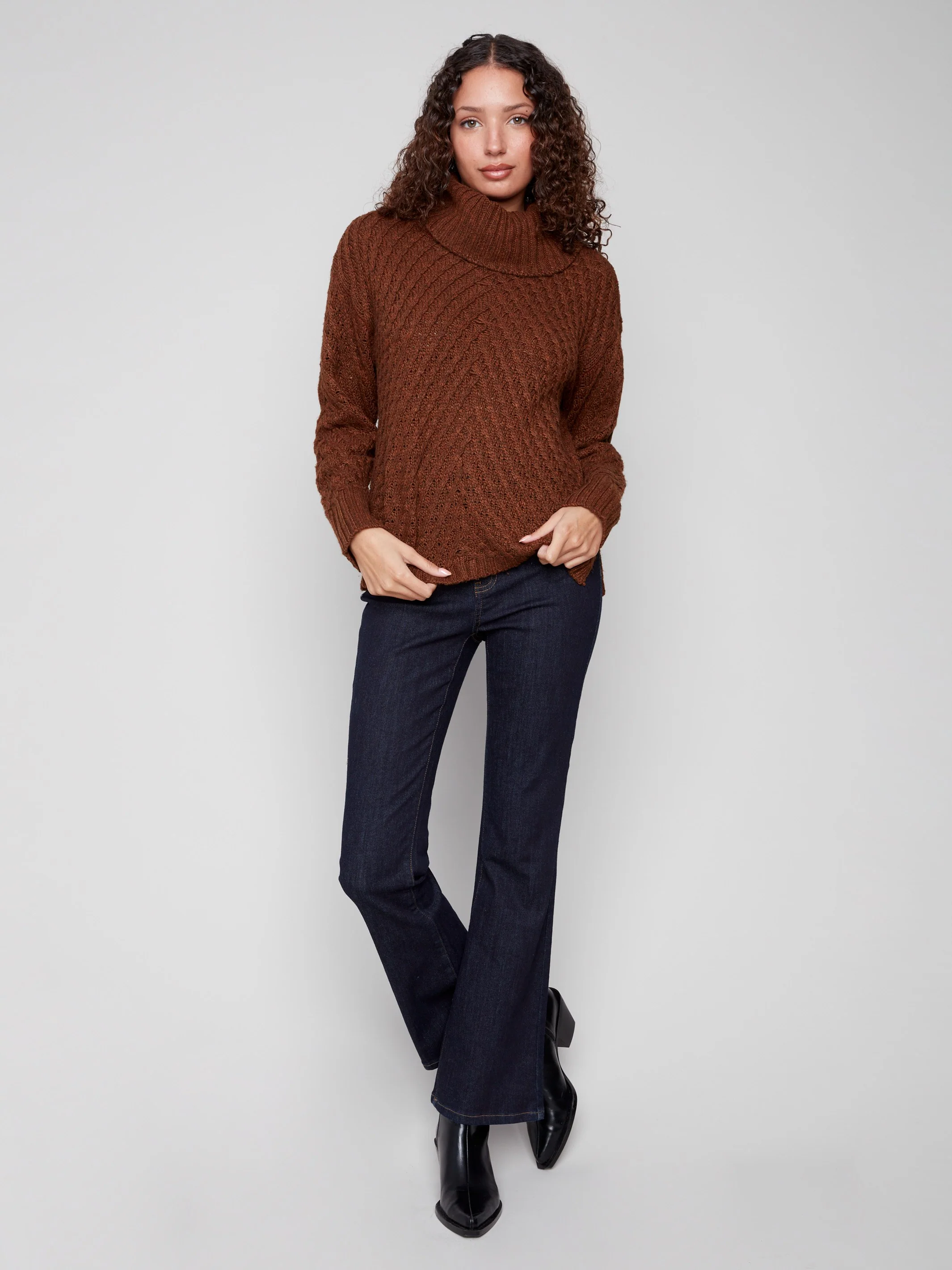 Cowl Neck Diagonal Cable Sweater - Sepia - WHSBYS