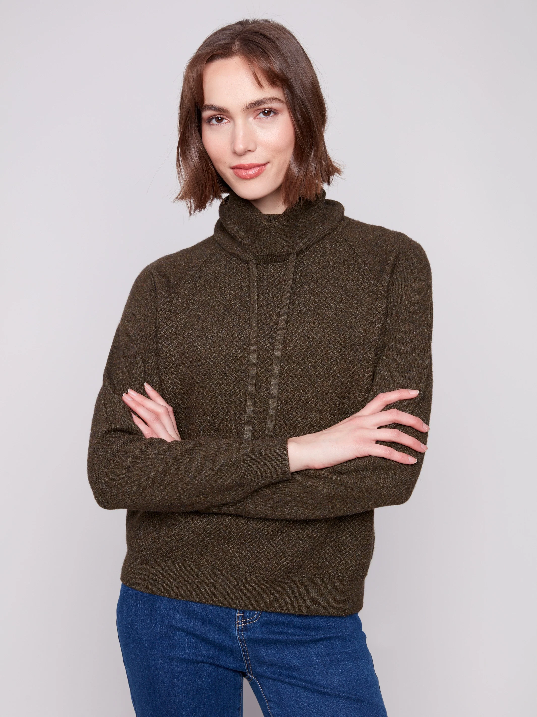 Textured Cowl Neck Knit Sweater - Heather Spruce - WHSBYS
