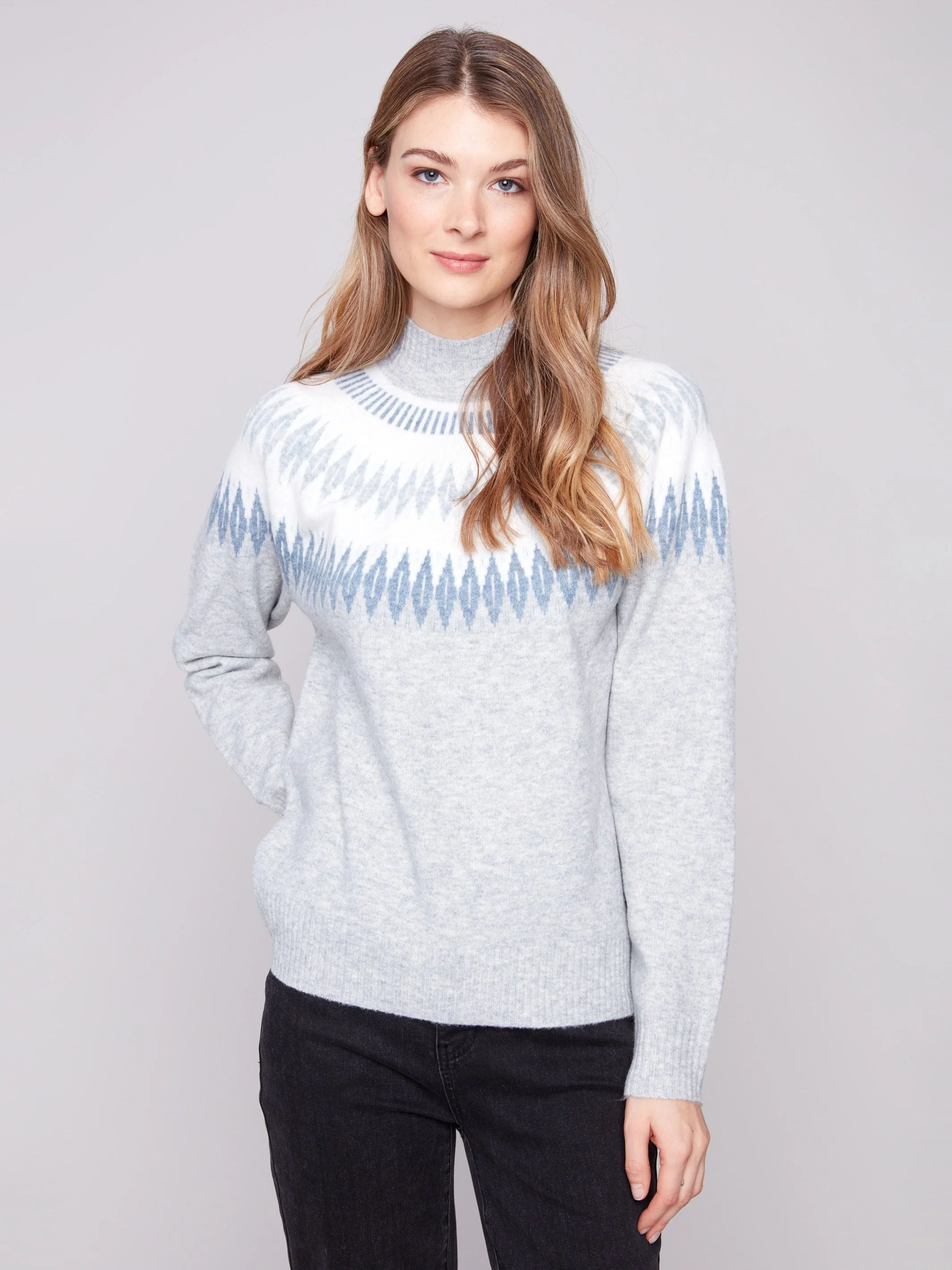 Après-Ski Jacquard Mock Neck Sweater - Heather Light Grey - WHSBYS