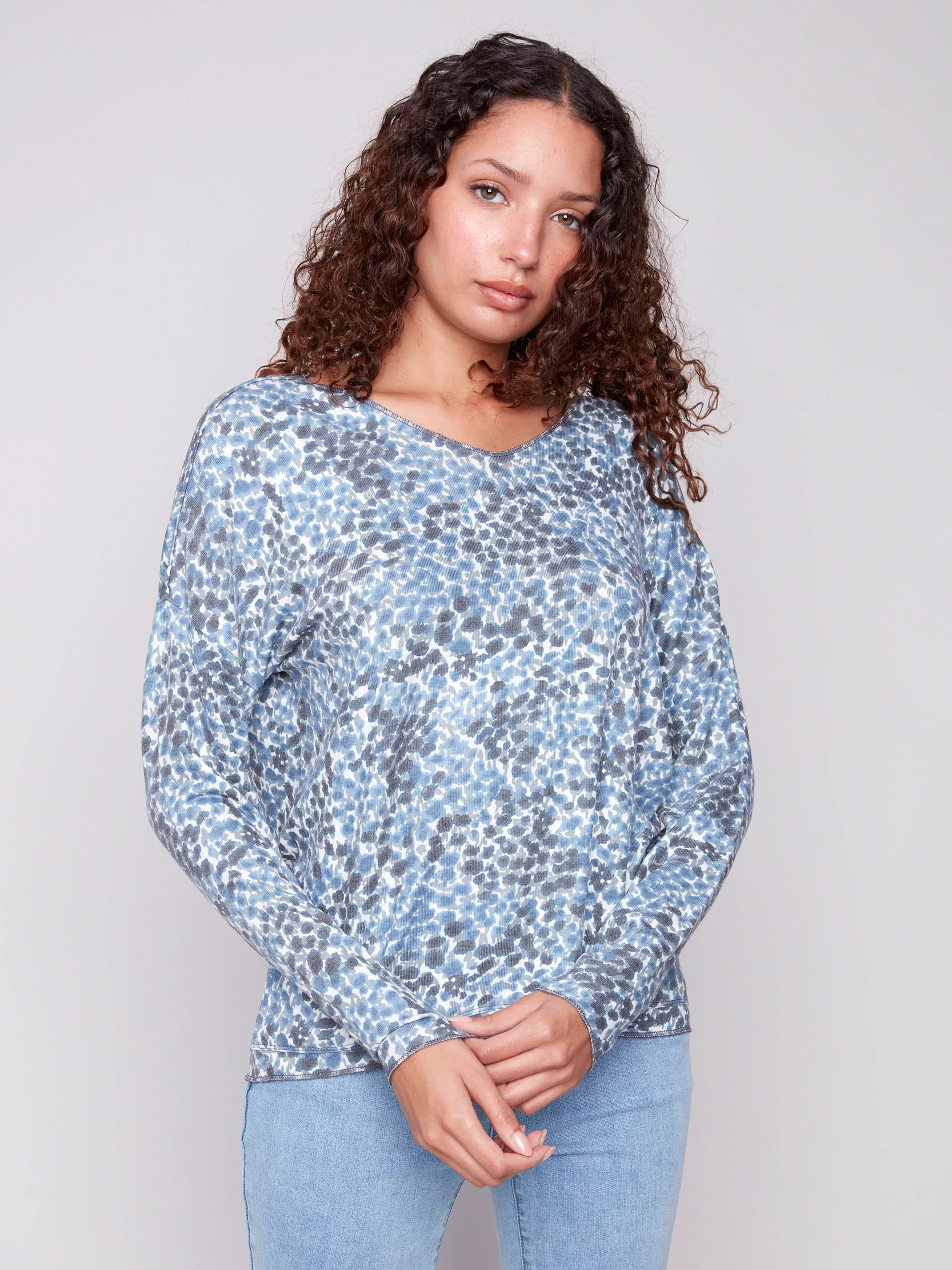 Printed V-Neck Knit Top - Ditsy - WHSBYS