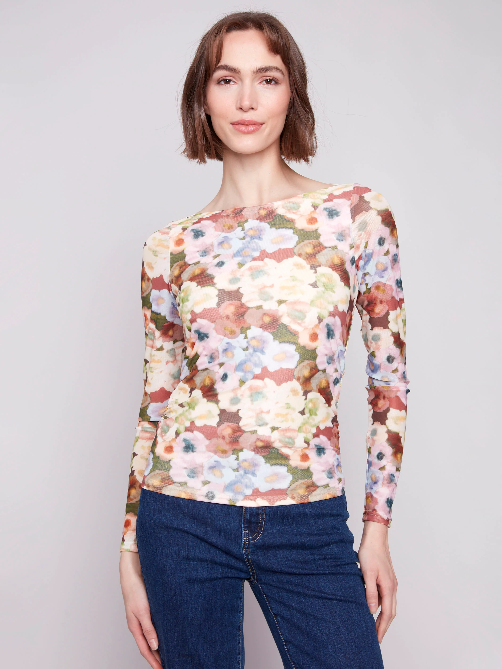 Printed Ruched Mesh Top - Botanical - WHSBYS