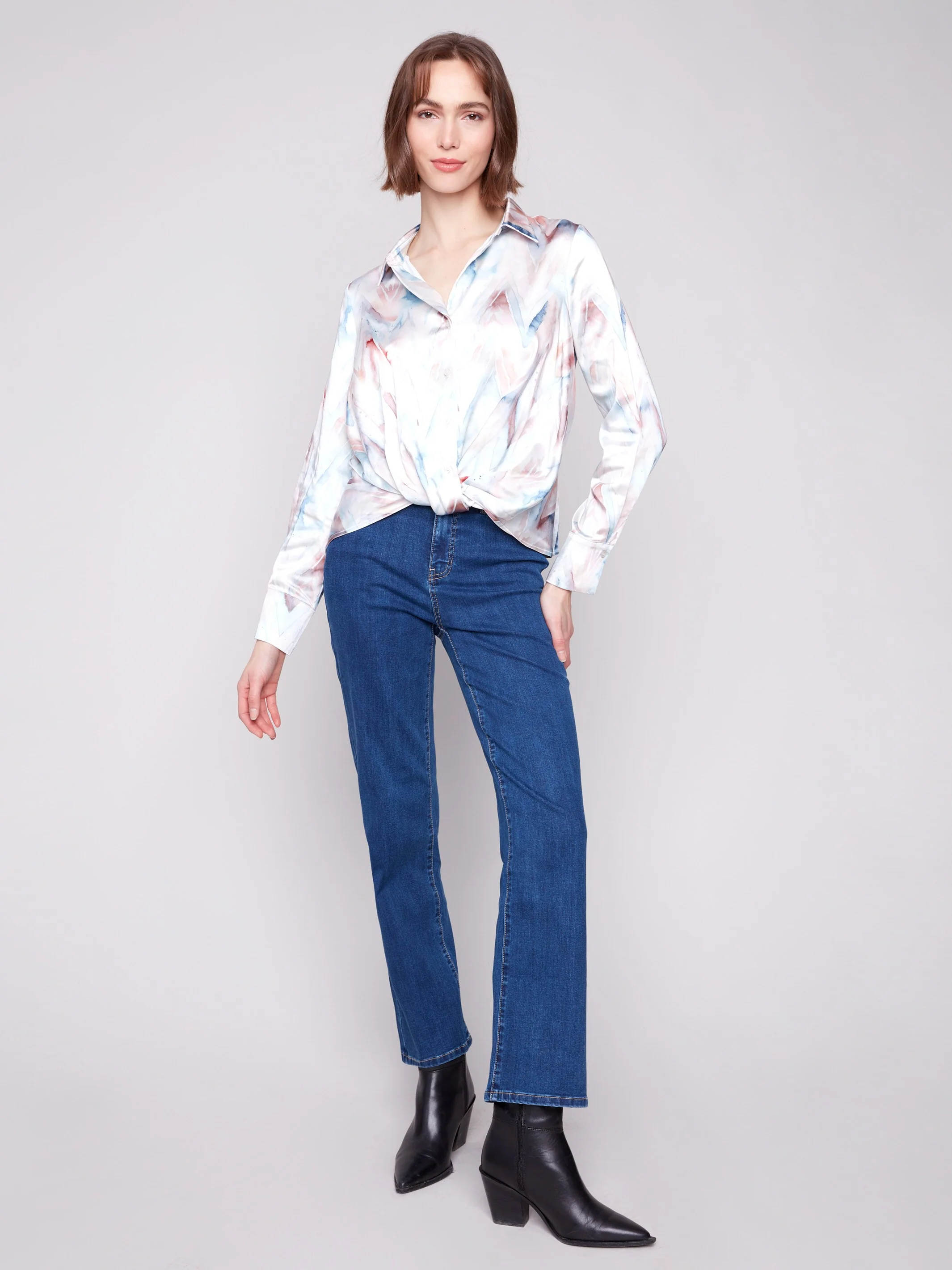 Printed Satin Button-Down Shirt With Twisted Front - Chevron - WHSBYS