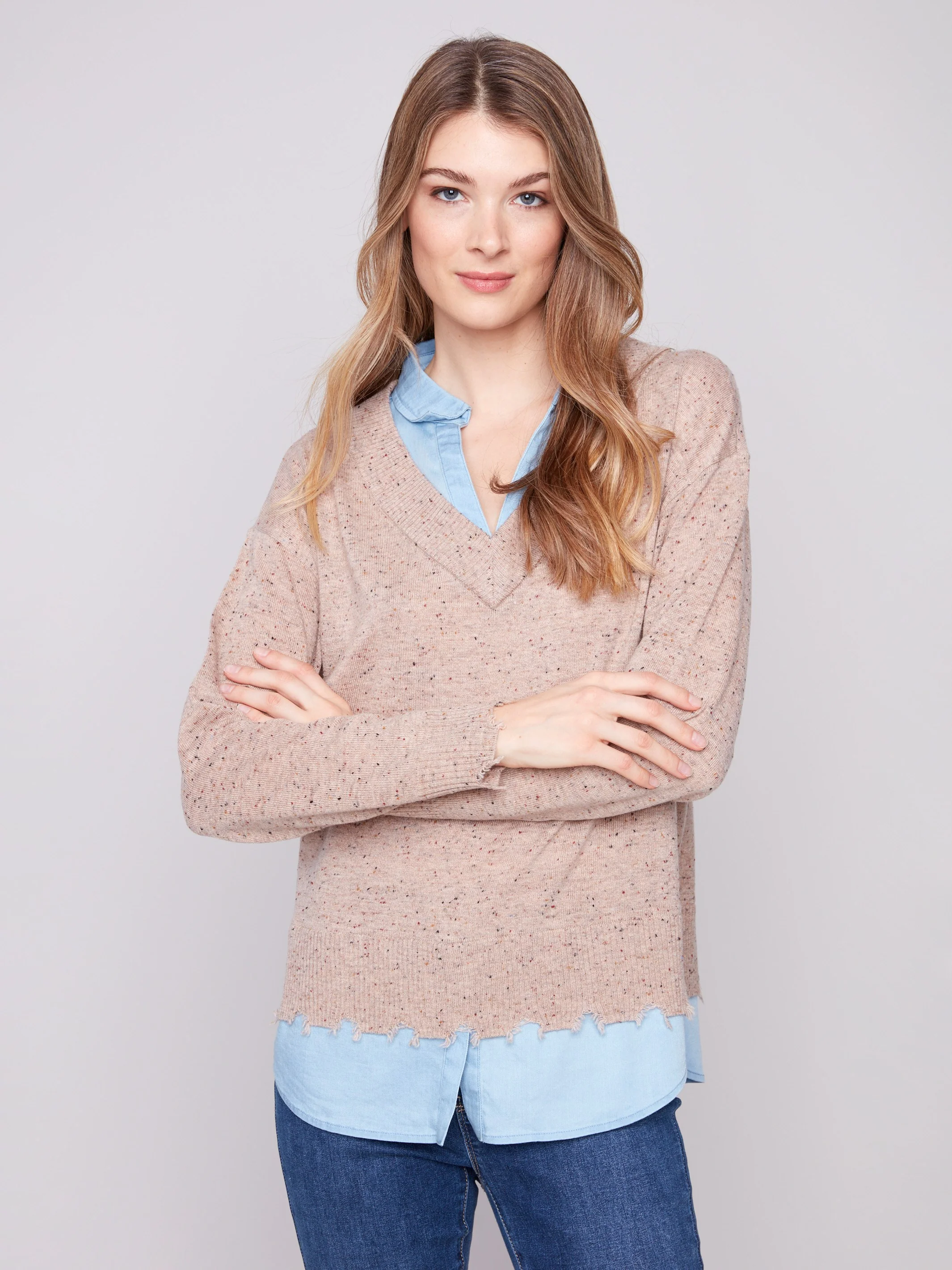 V-Neck Fooler Sweater With Shirt Collar - Oat Flecks - WHSBYS