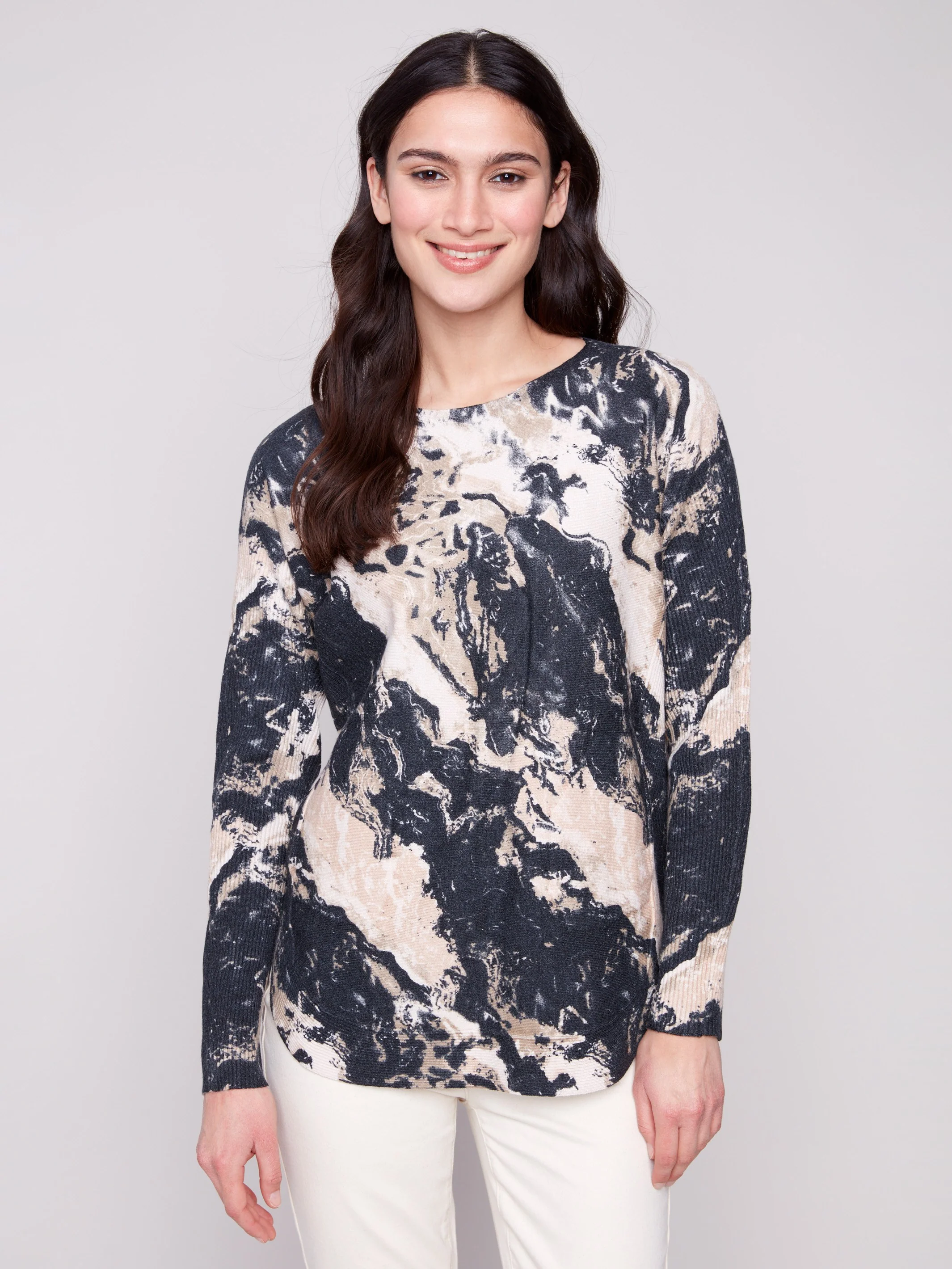 Printed Rounded Hem Sweater - Granite - WHSBYS