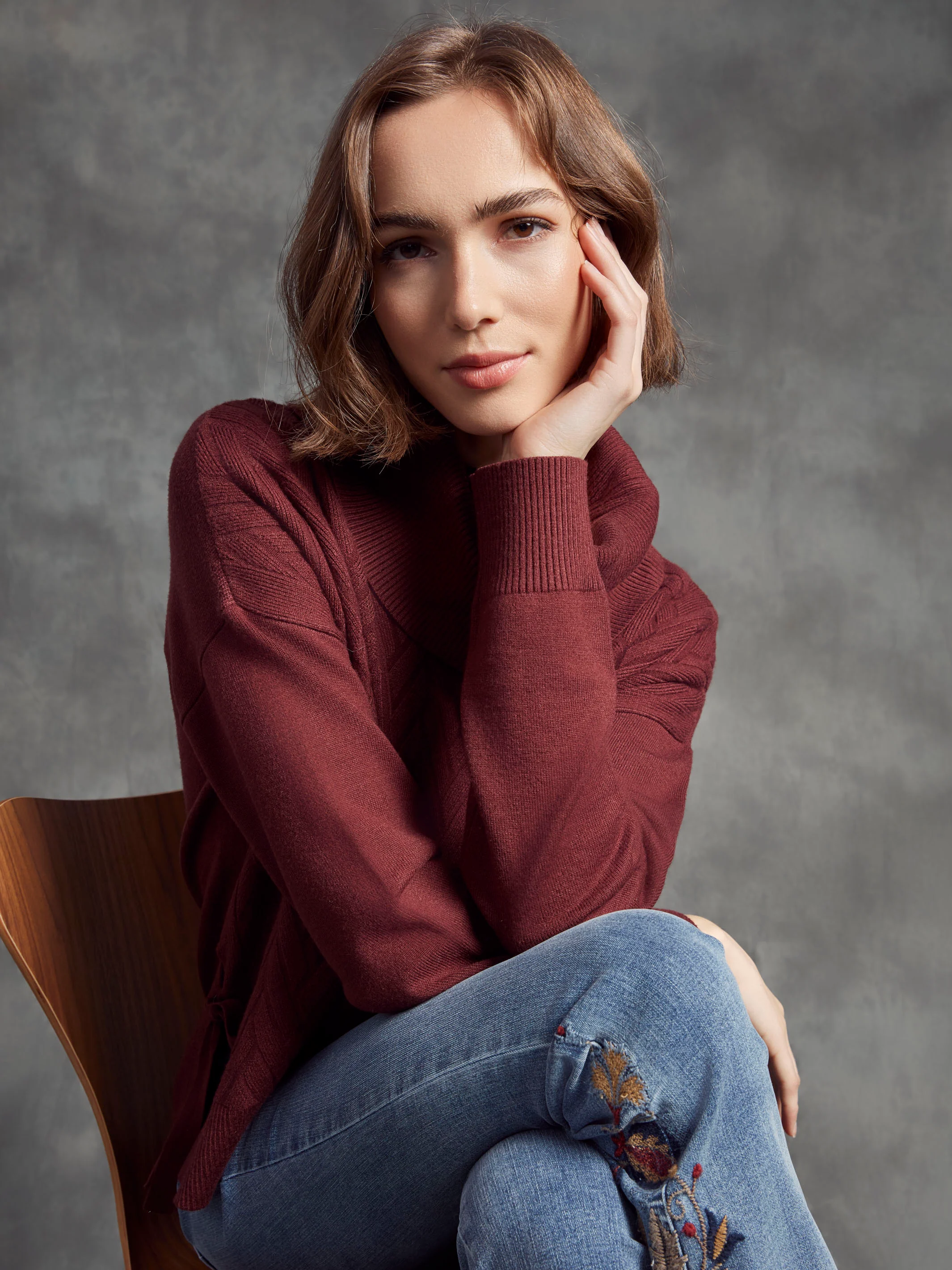 Cowl Neck Chevron Knit Sweater With Side Tie - Cabernet - WHSBYS