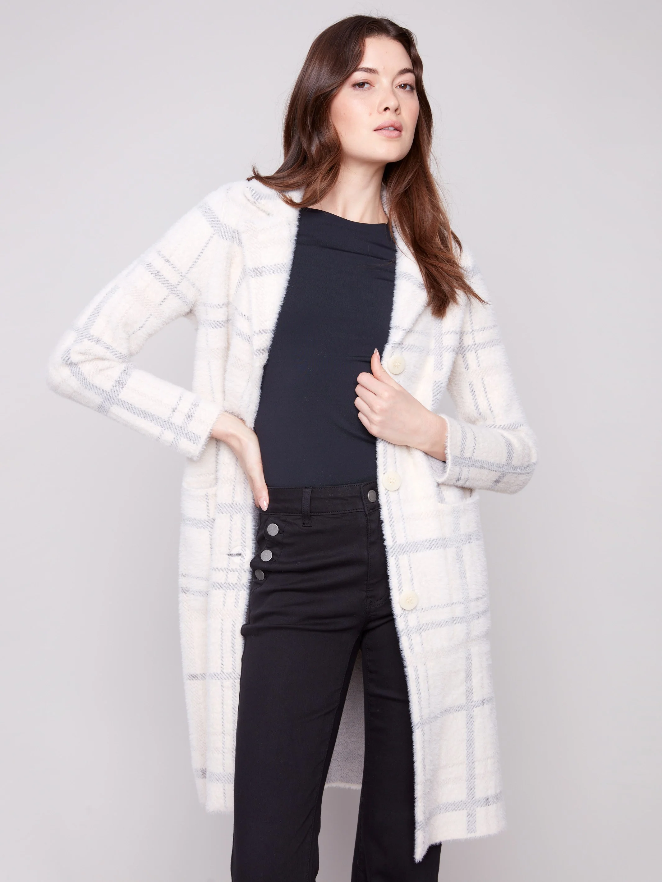 Long Plaid Knit Coatigan - Ivory - WHSBYS