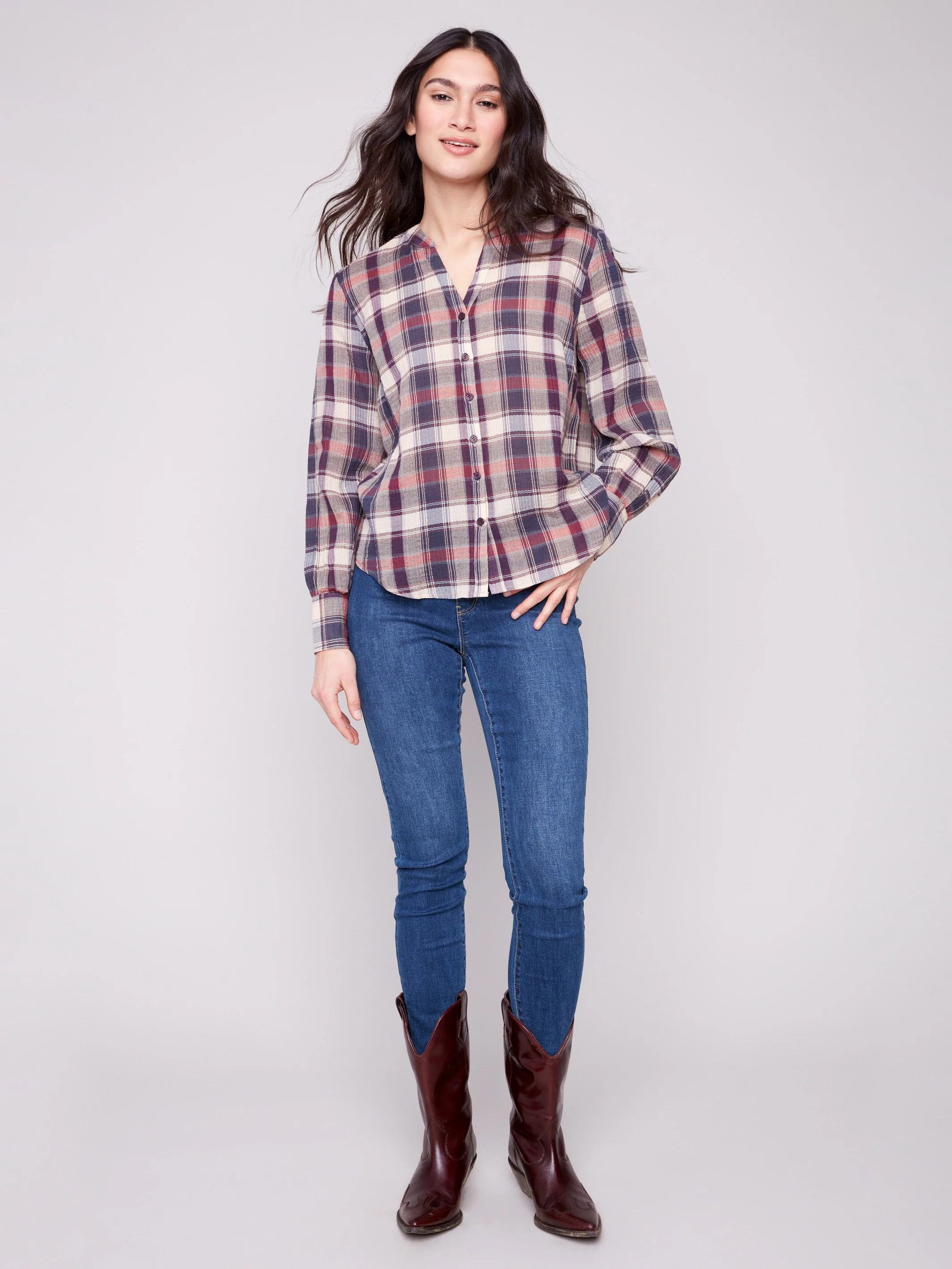 Plaid Bubble Gauze Button-Down Shirt - Berry - WHSBYS