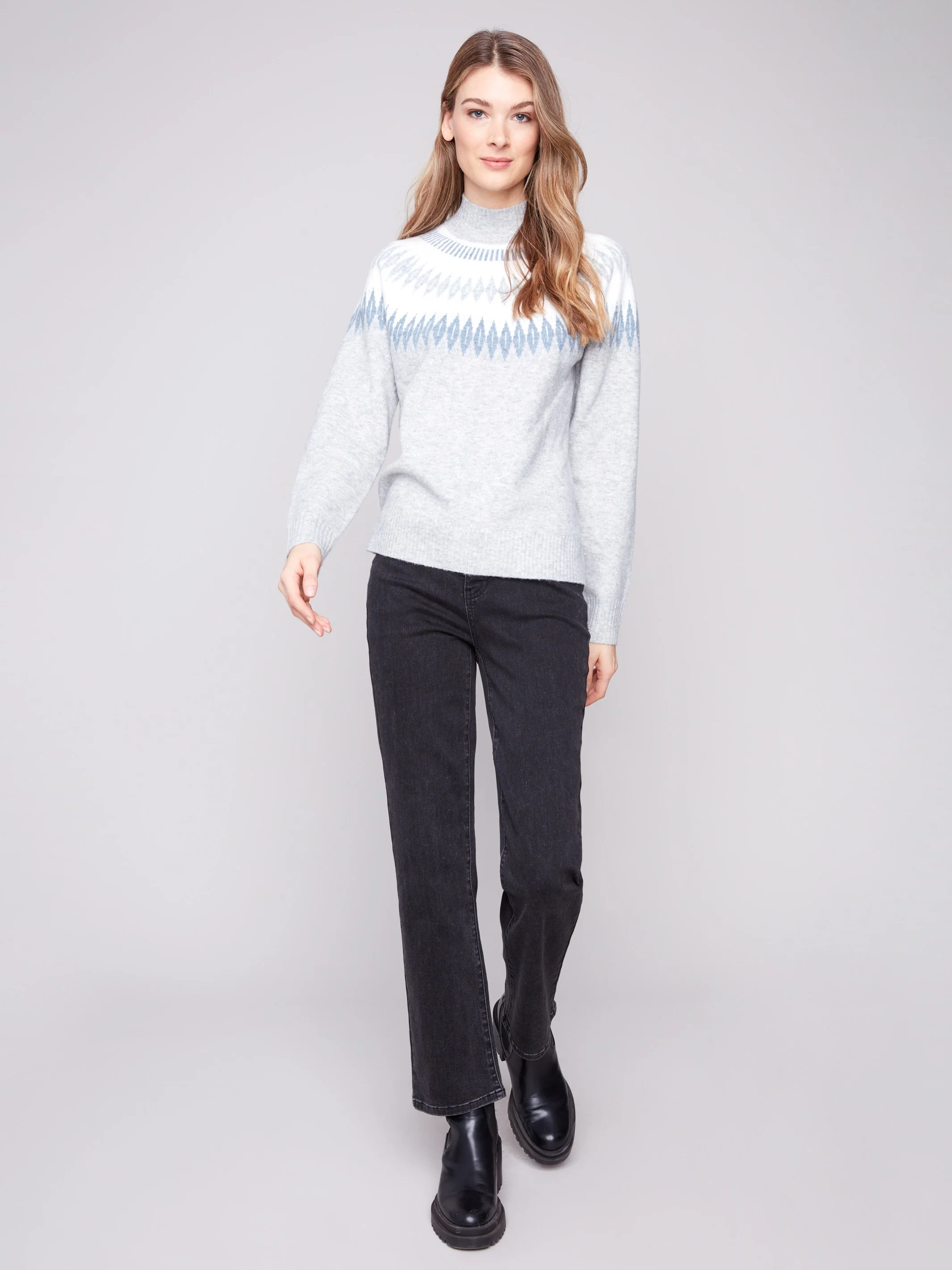 Après-Ski Jacquard Mock Neck Sweater - Heather Light Grey - WHSBYS