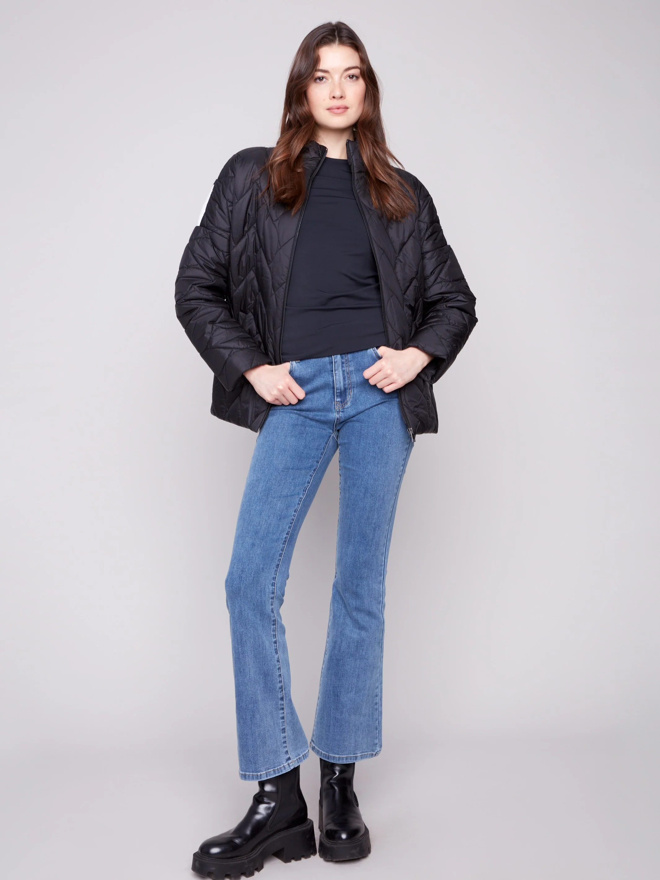 Jacquard Quilted Puffer Jacket - Black/Cream - WHSBYS