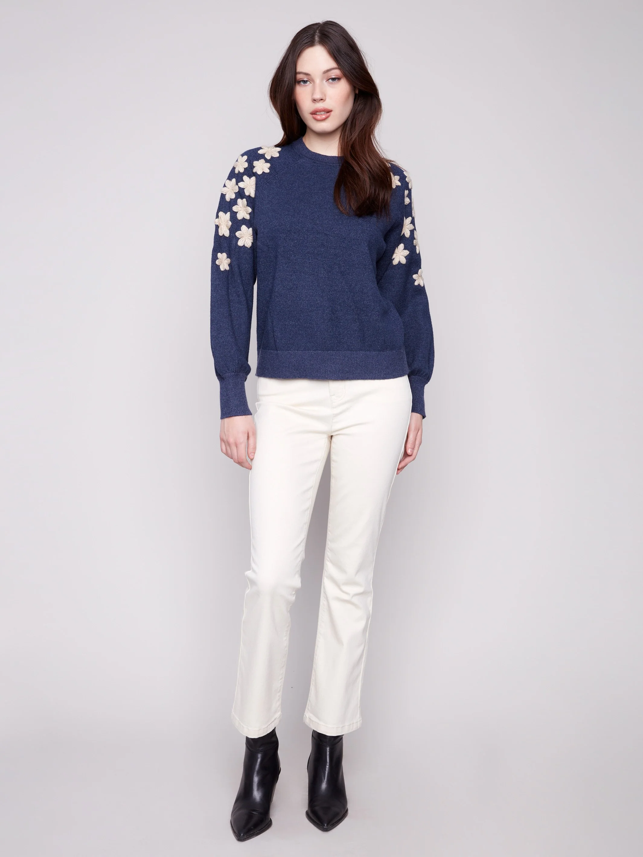 Crew Neck Sweater With Embroidered Flowers - Heather Denim - WHSBYS