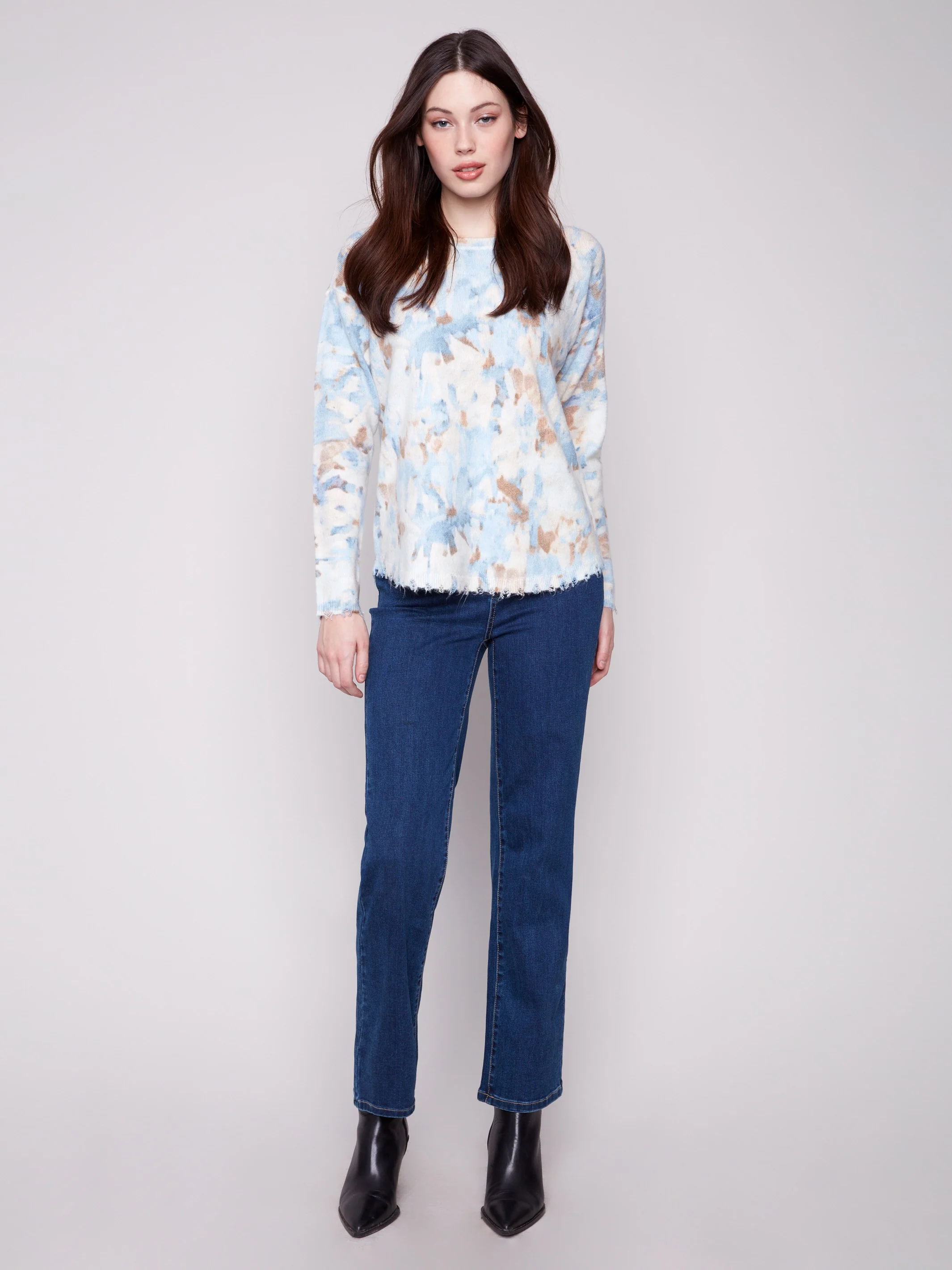 Reversible Printed Plush Sweater With Frayed Edges - Vapor - WHSBYS