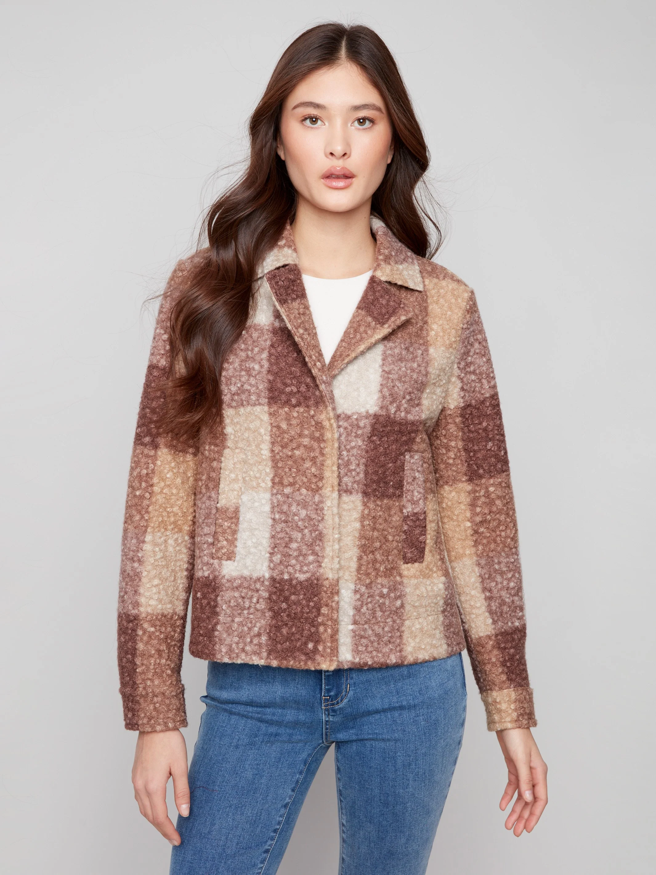 Plaid Bouclé Knit Short Coat - Mocha - WHSBYS