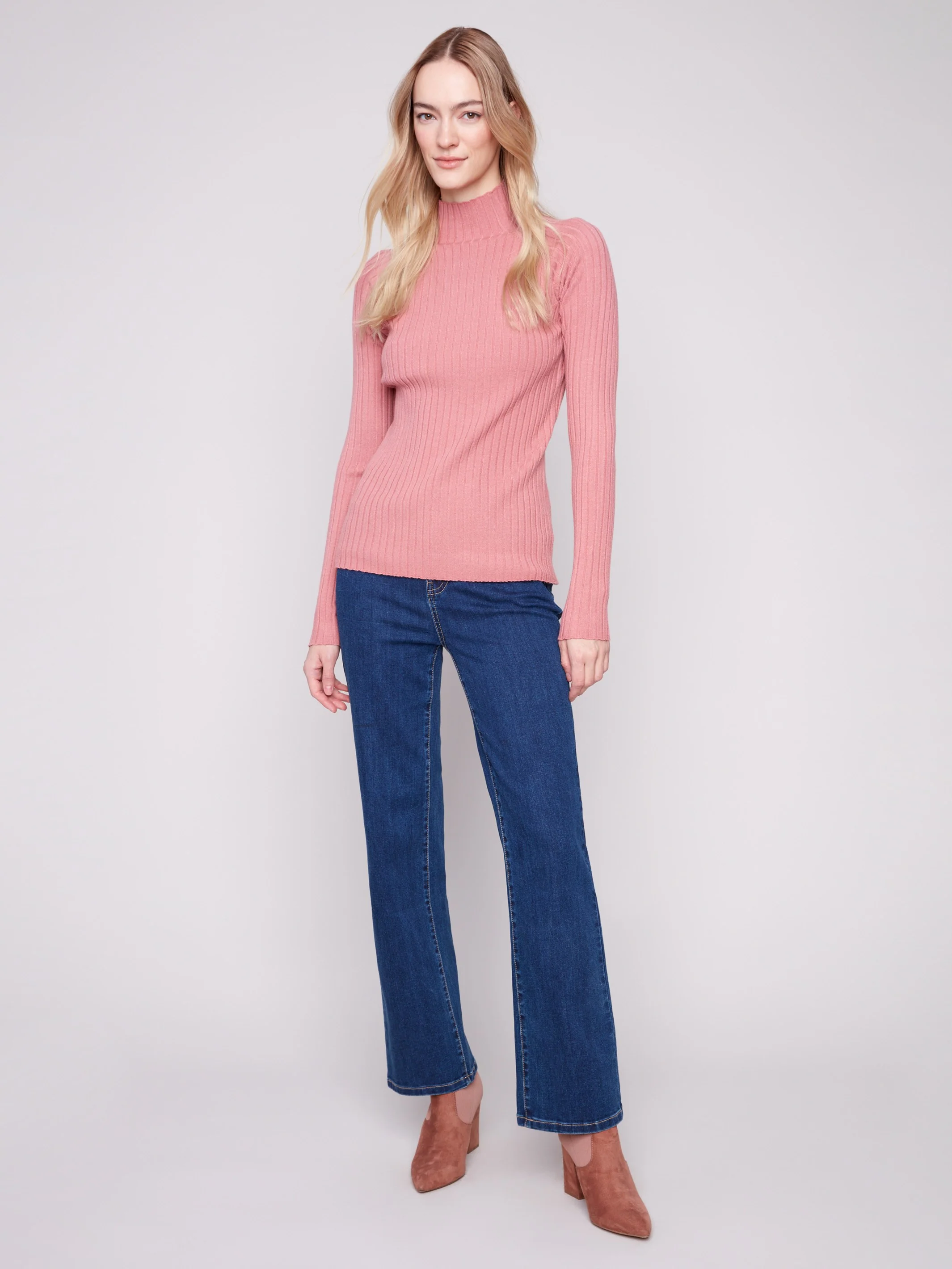 Ribbed Knit Mock Neck Sweater - Primrose - WHSBYS