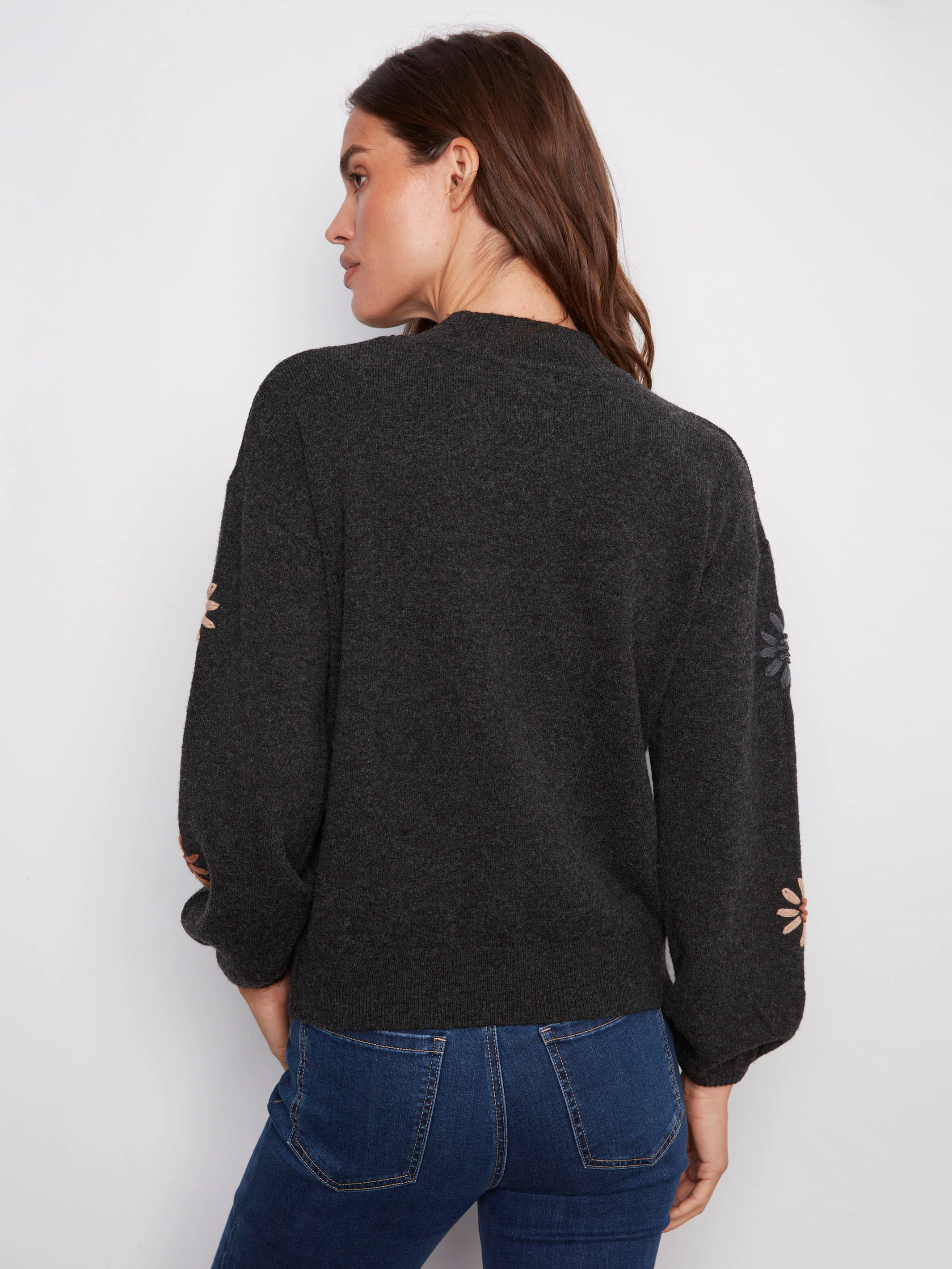 Mock Neck Sweater With Floral Embroidery - Heather Charcoal - WHSBYS