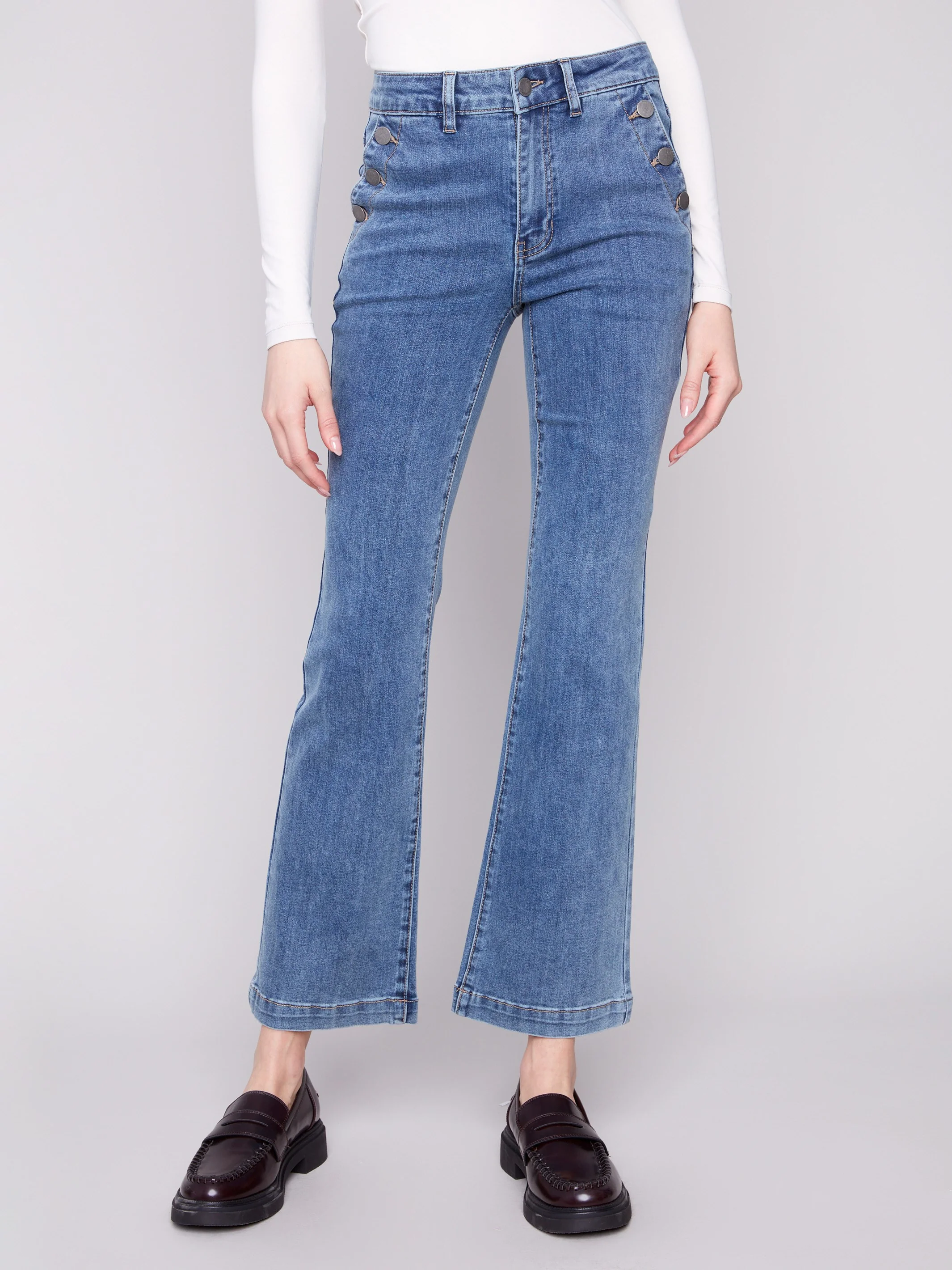 Flare Leg Stretch Jeans With Buttons - Medium Blue - WHSBYS