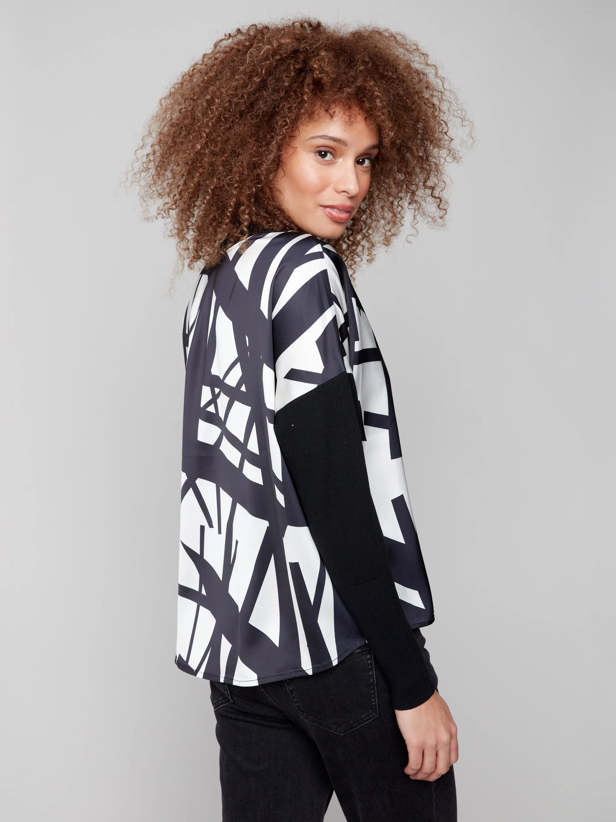 Printed Satin Knit Mock Neck Top - Black & Cream - WHSBYS