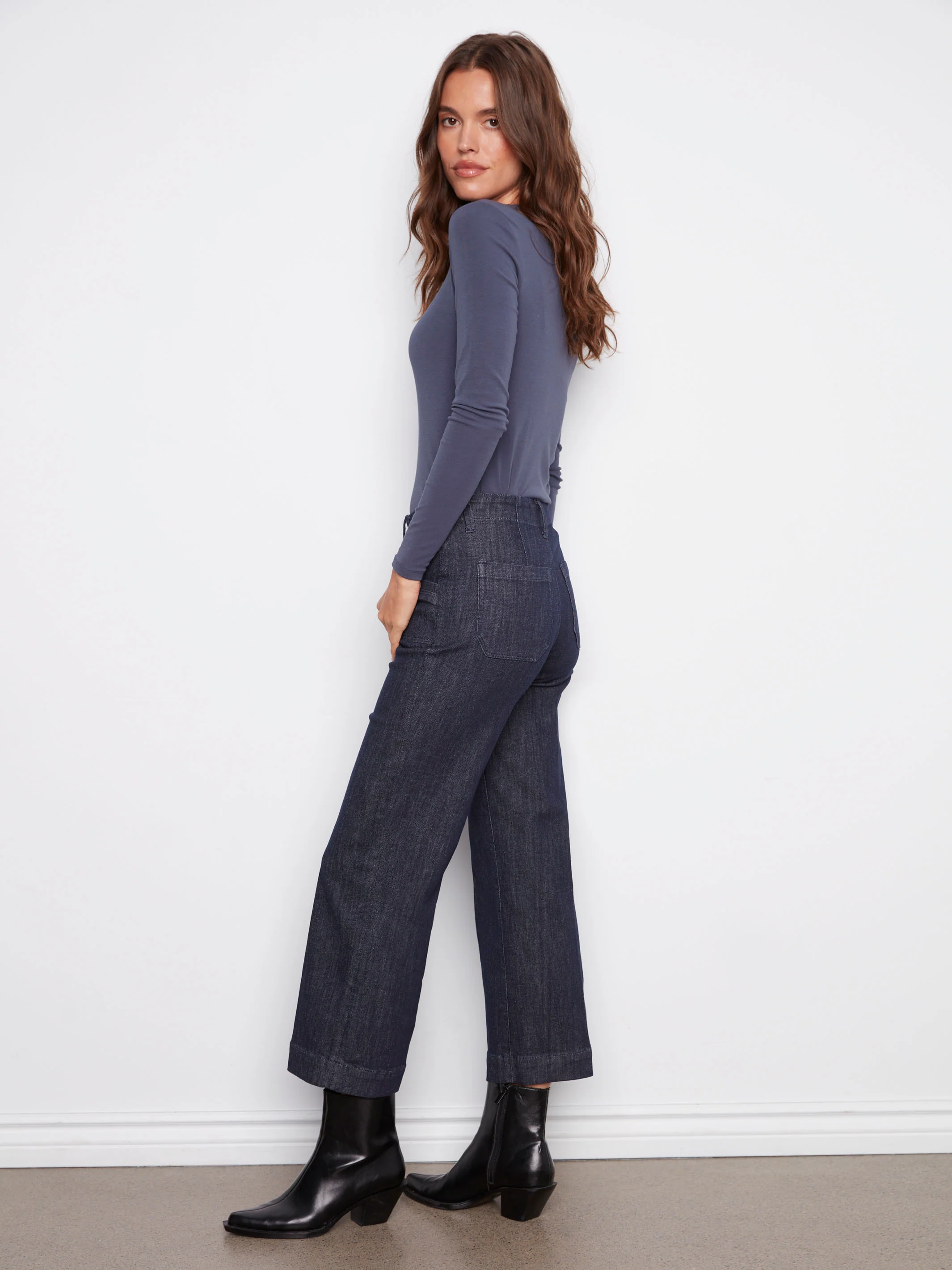 Cropped Wide Leg Stretch Jeans - Deep Blue - WHSBYS