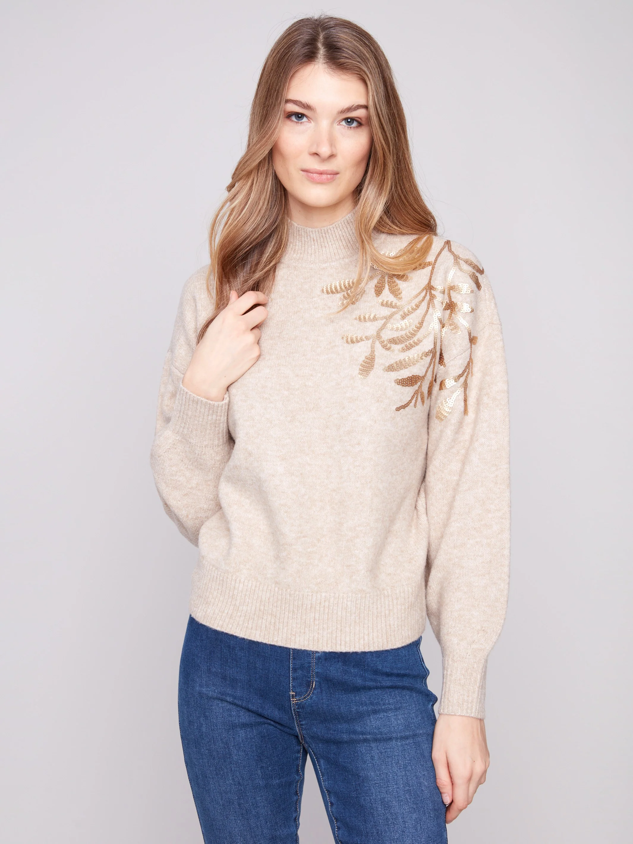Mock Neck Sweater with Sequin Detail - Heather Oat - WHSBYS