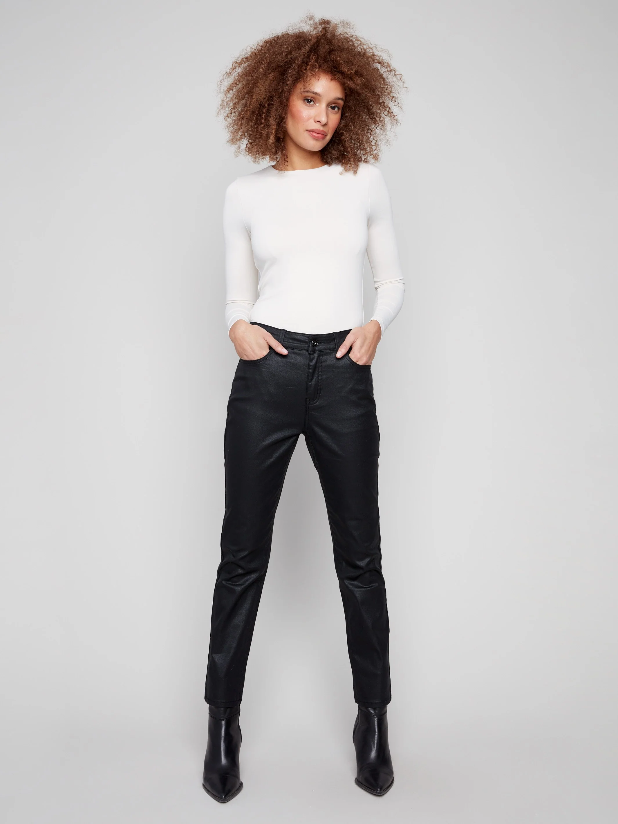 Slim Leg Metallic Wax Twill Pants - Black - WHSBYS