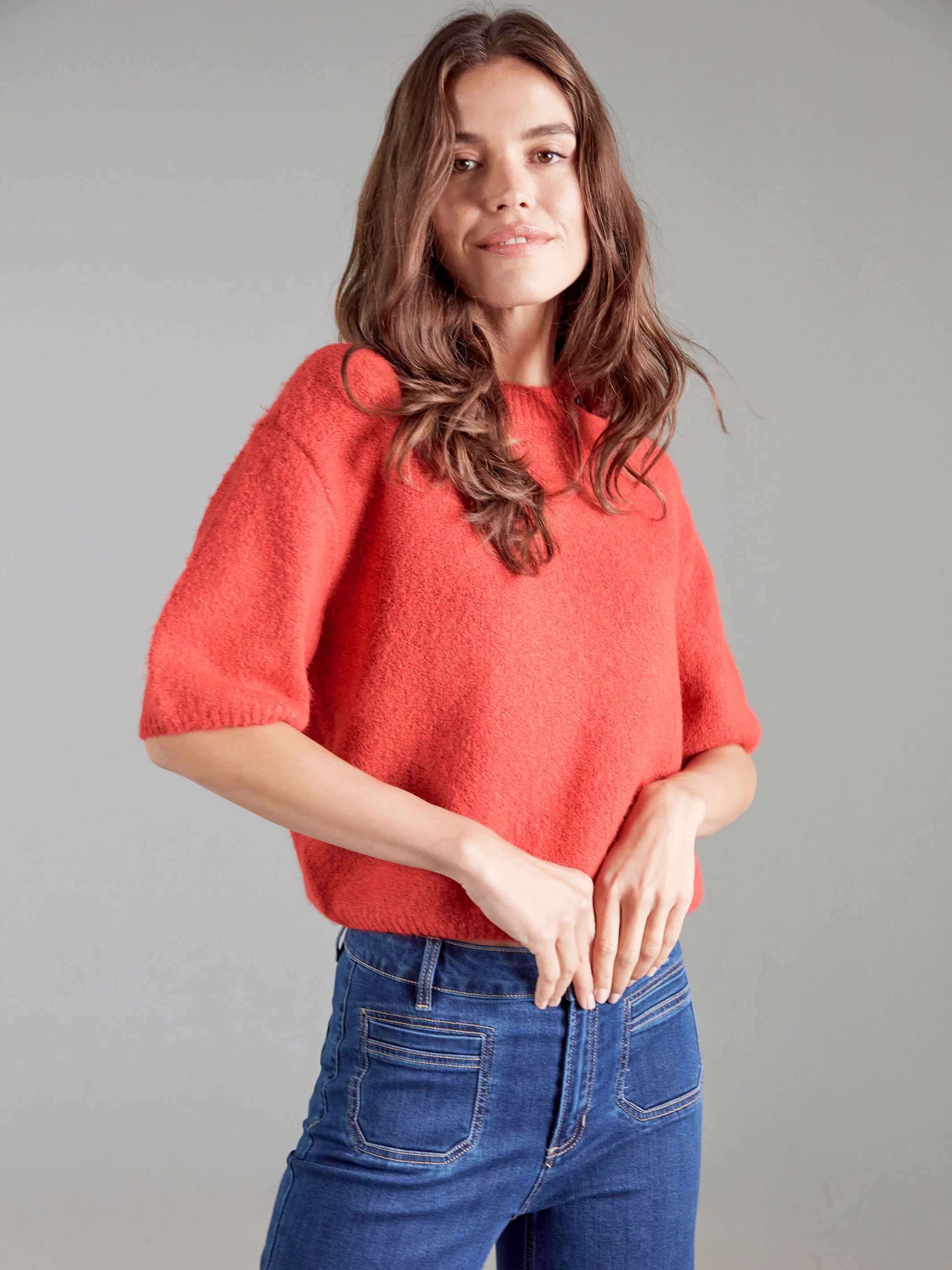 Balloon Elbow Sleeve Knit Sweater - Crimson - WHSBYS