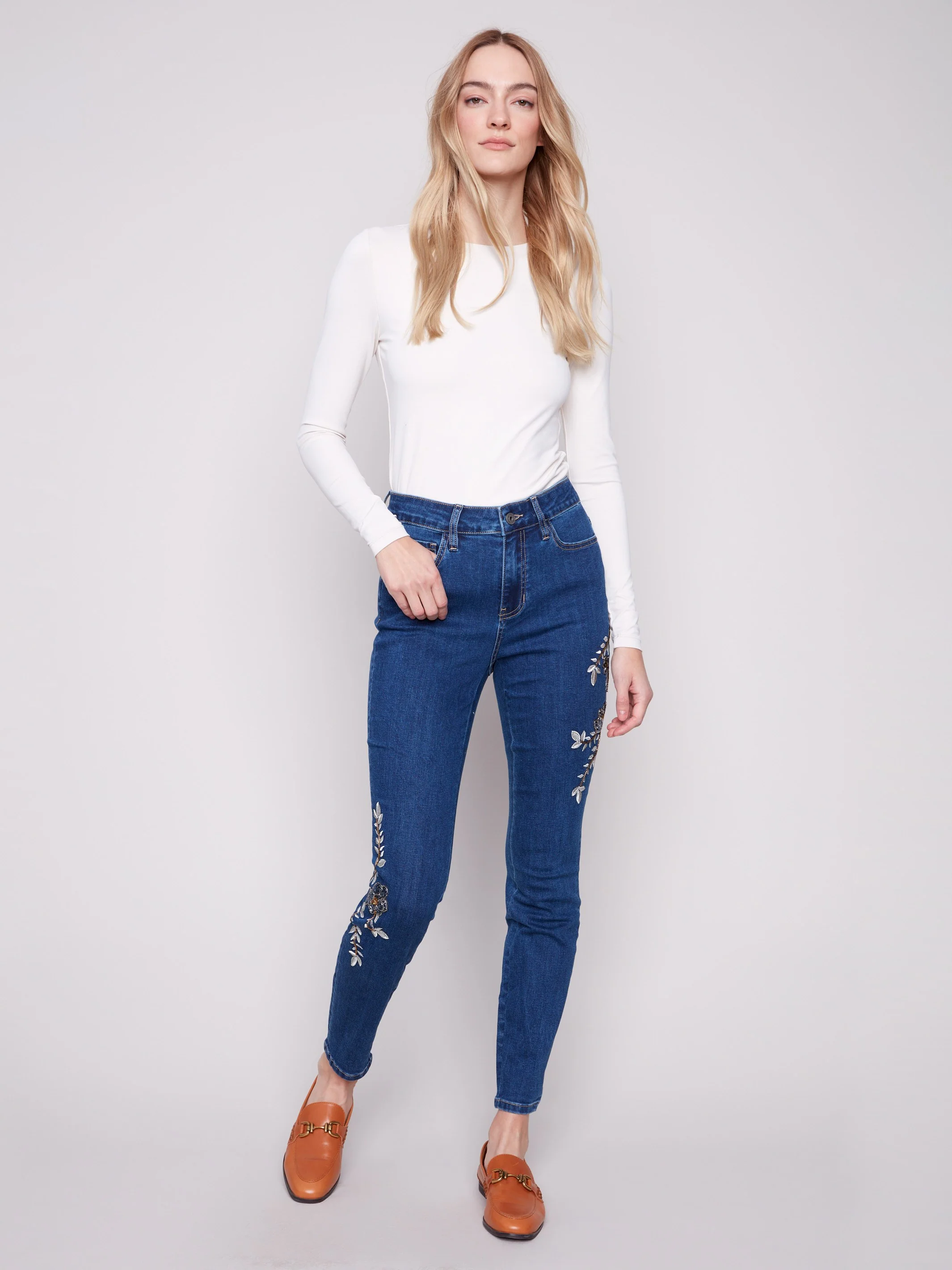 Beaded Embroidered Skinny Jeans - Indigo - WHSBYS
