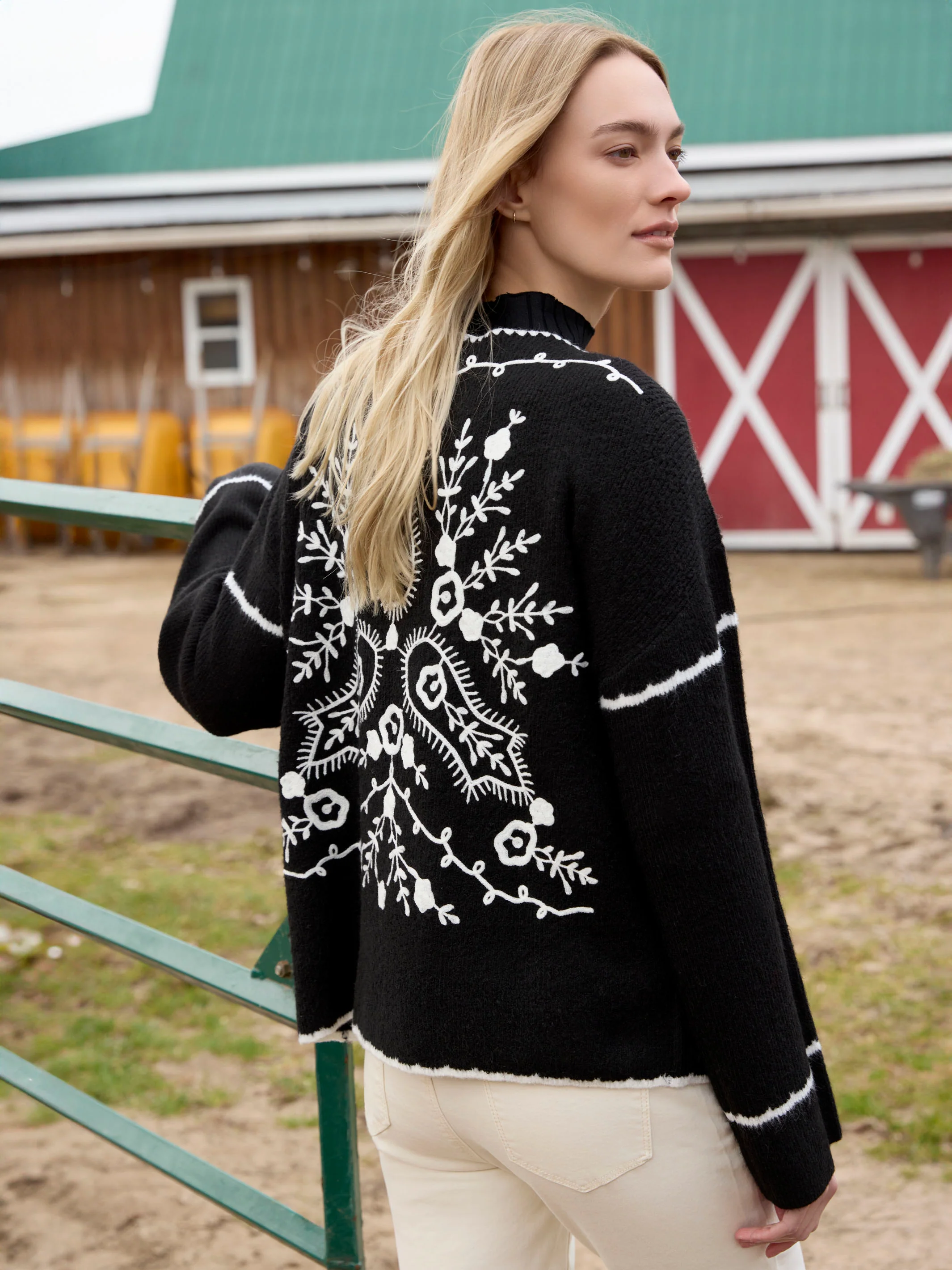 Embroidered Ribbed Sweater with Notch Neck - Black - WHSBYS