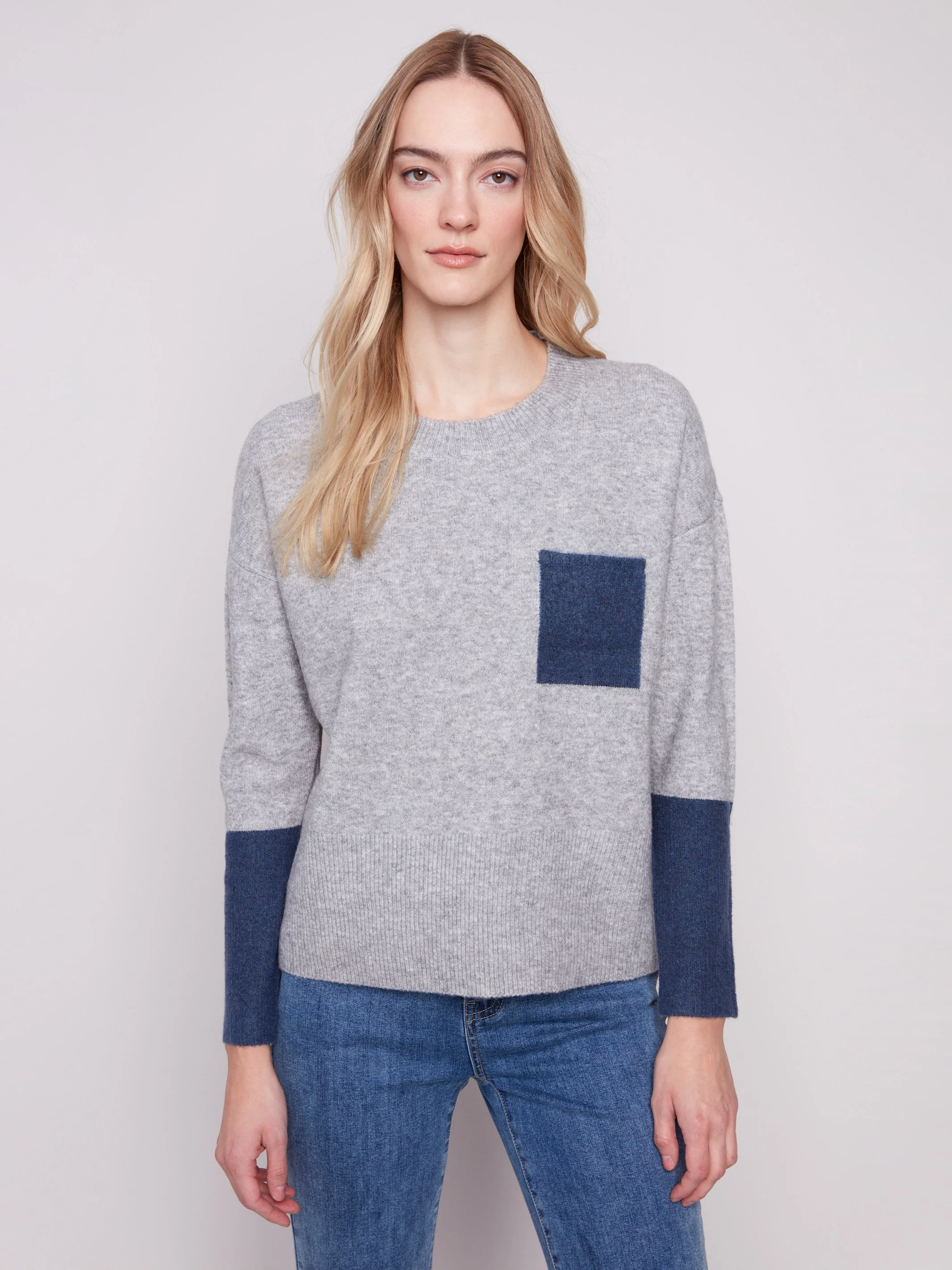 Crew Neck Sweater With Contrast Details - Heather Grey - WHSBYS