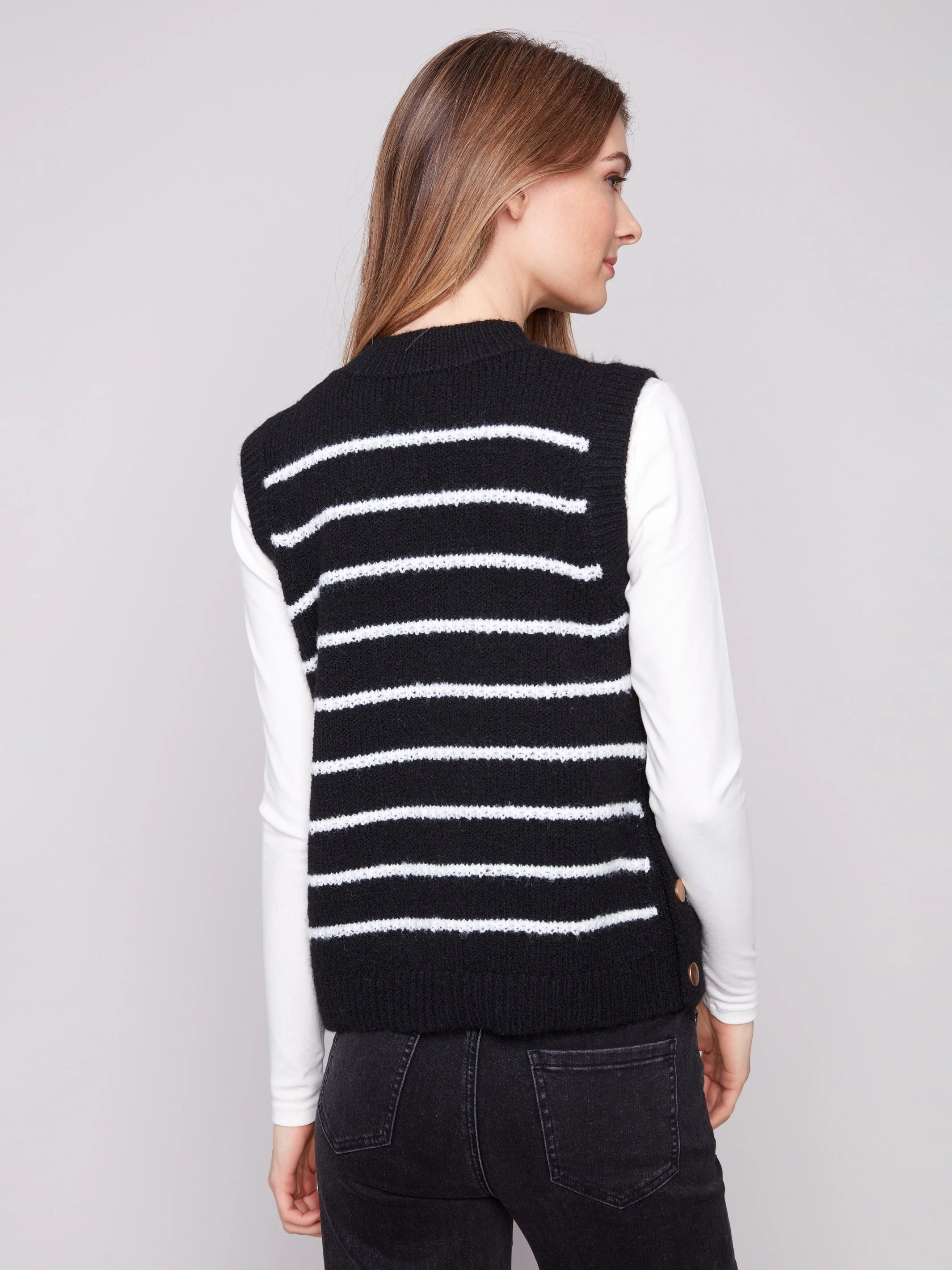 Striped Sleeveless Sweater Vest - Black - WHSBYS