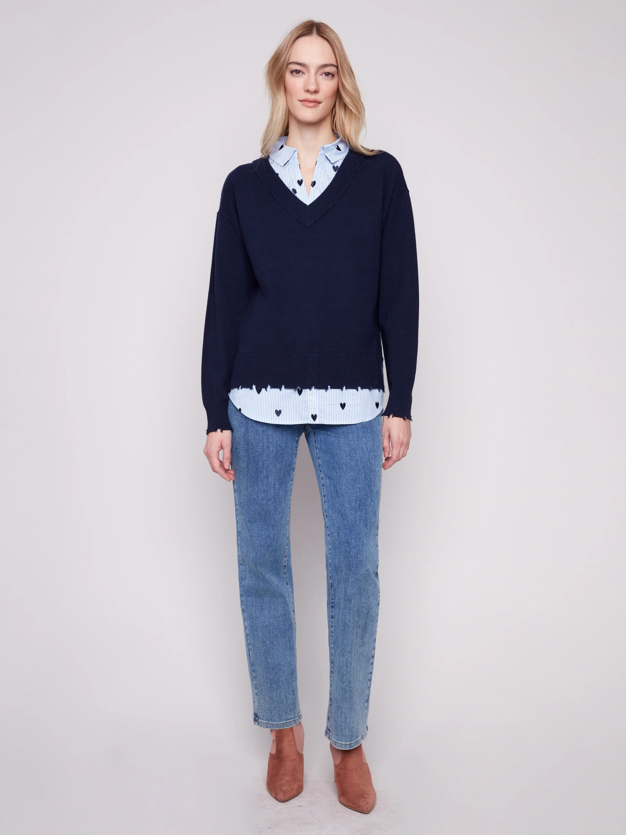 V-Neck Fooler Sweater With Embroidered Shirt Collar - Navy - WHSBYS