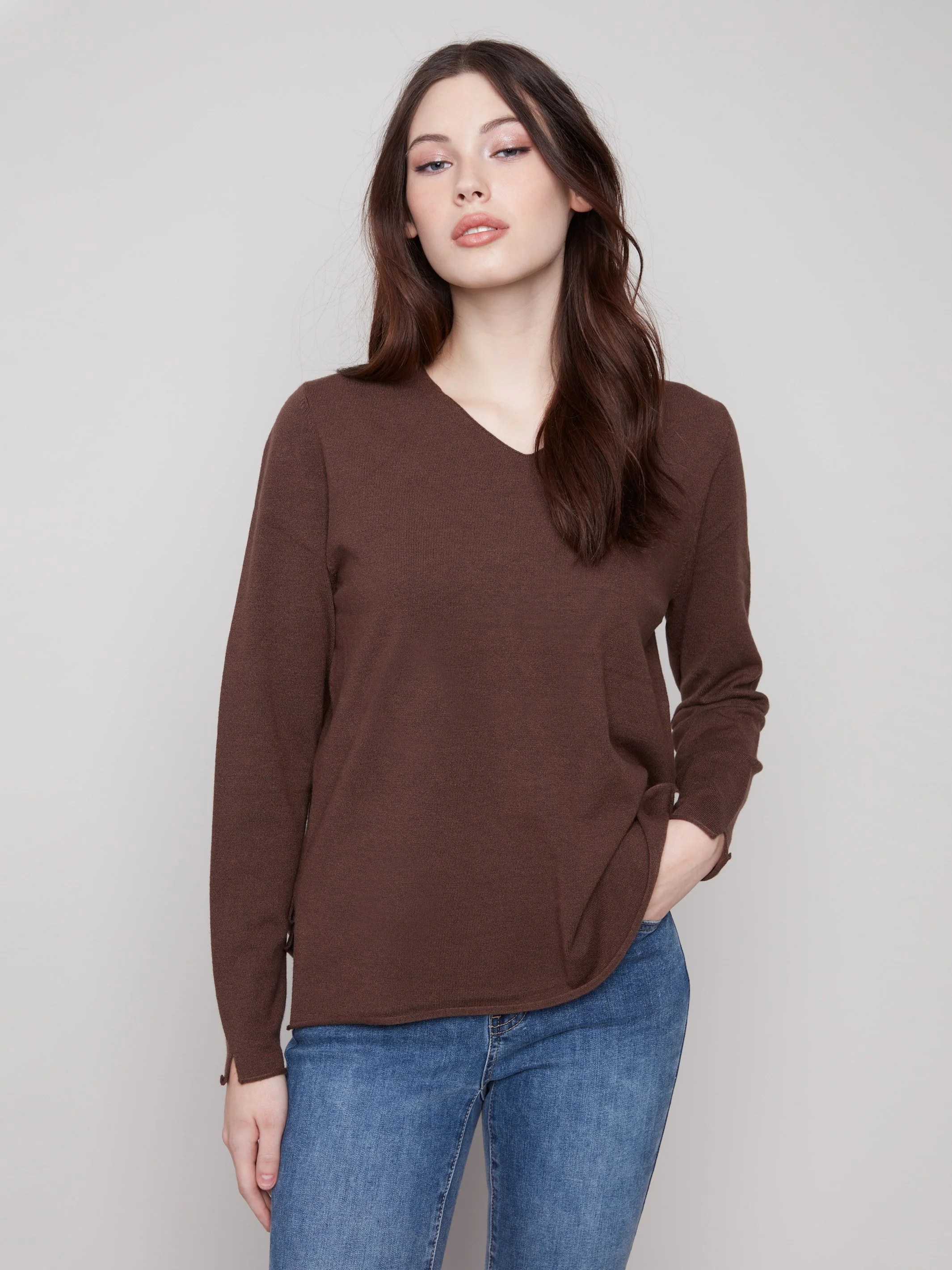 Basic V-Neck Sweater - Heather Mocha - WHSBYS