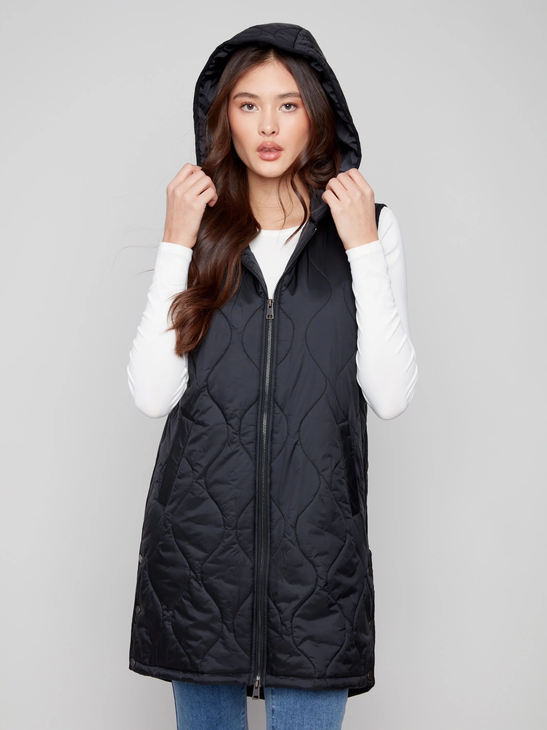 Pearlized Long Hooded Vest - Black - WHSBYS