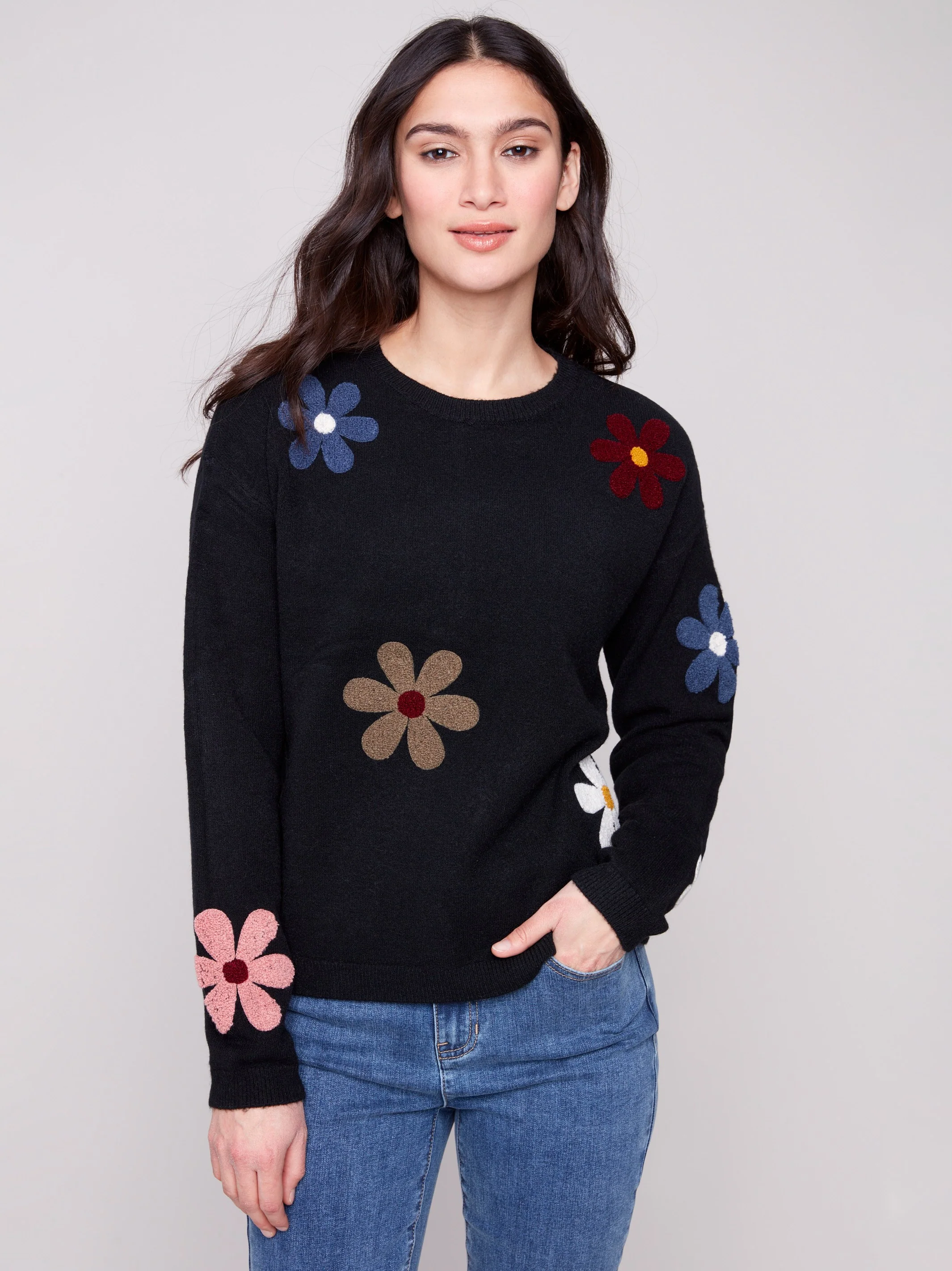 Plush Sweater with Boucle Flowers - Black - WHSBYS