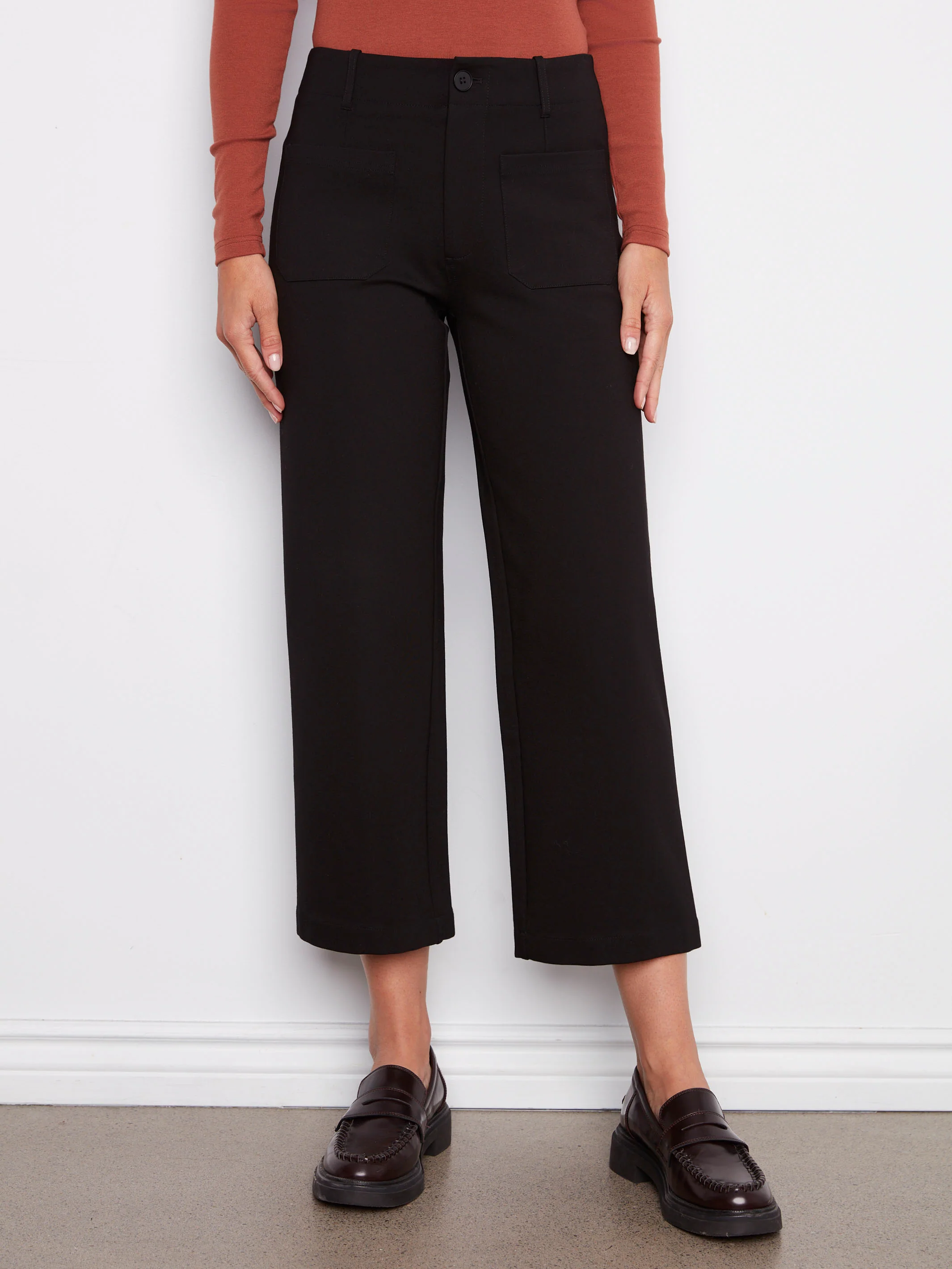 Patch Pocket Wide Leg Ponte Pants - Black - WHSBYS