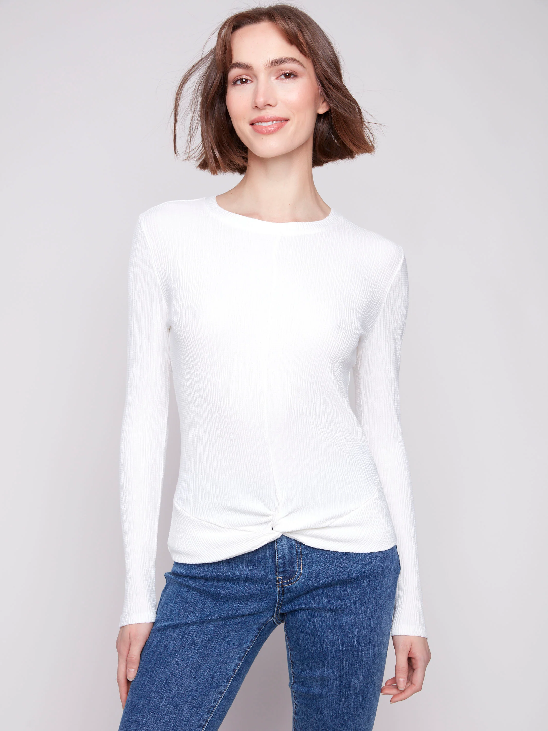 Textured Knit Top With Front Knot Detail - Ecru - WHSBYS