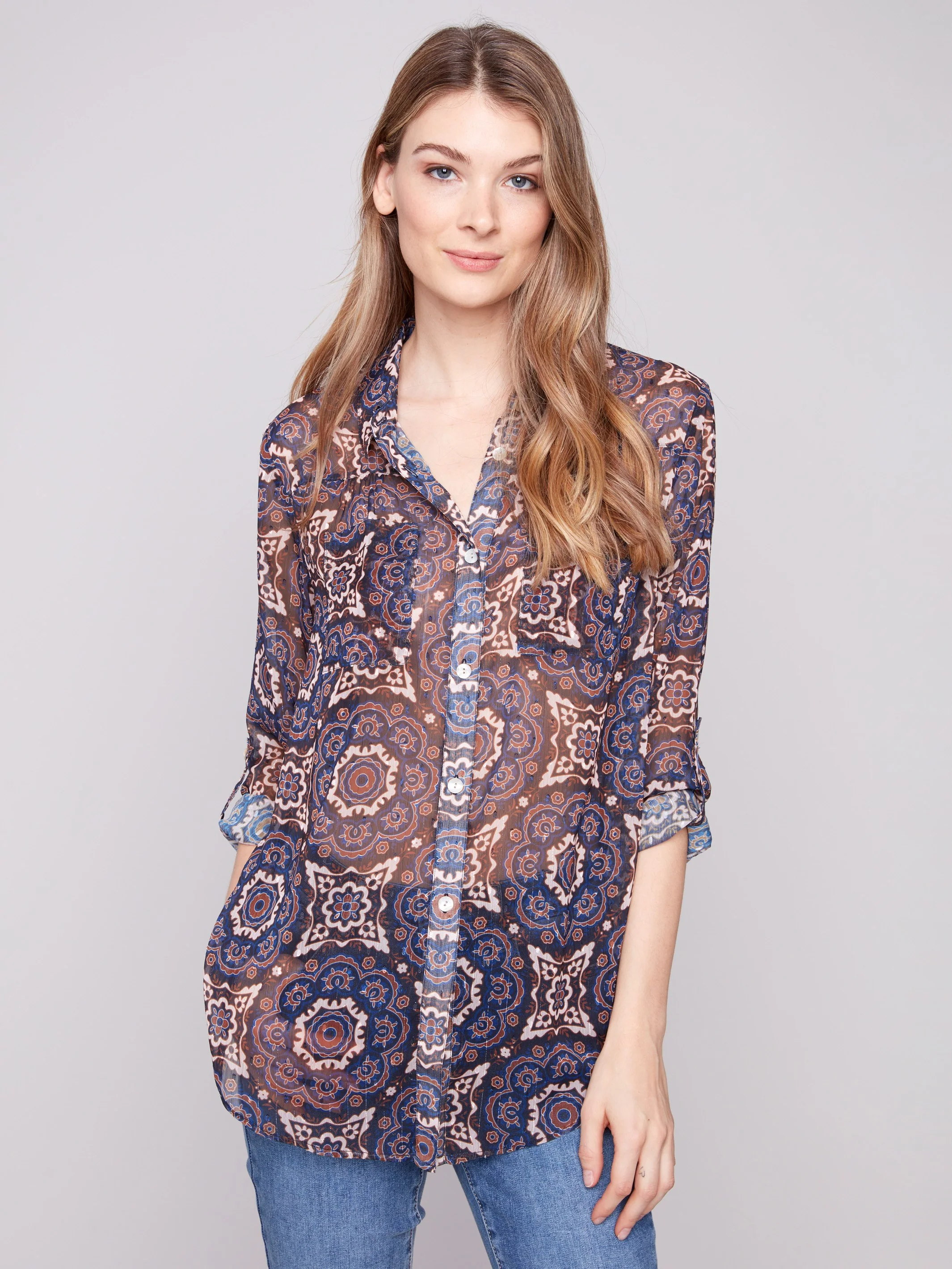 Printed Button-Up Blouse - Medallion - WHSBYS