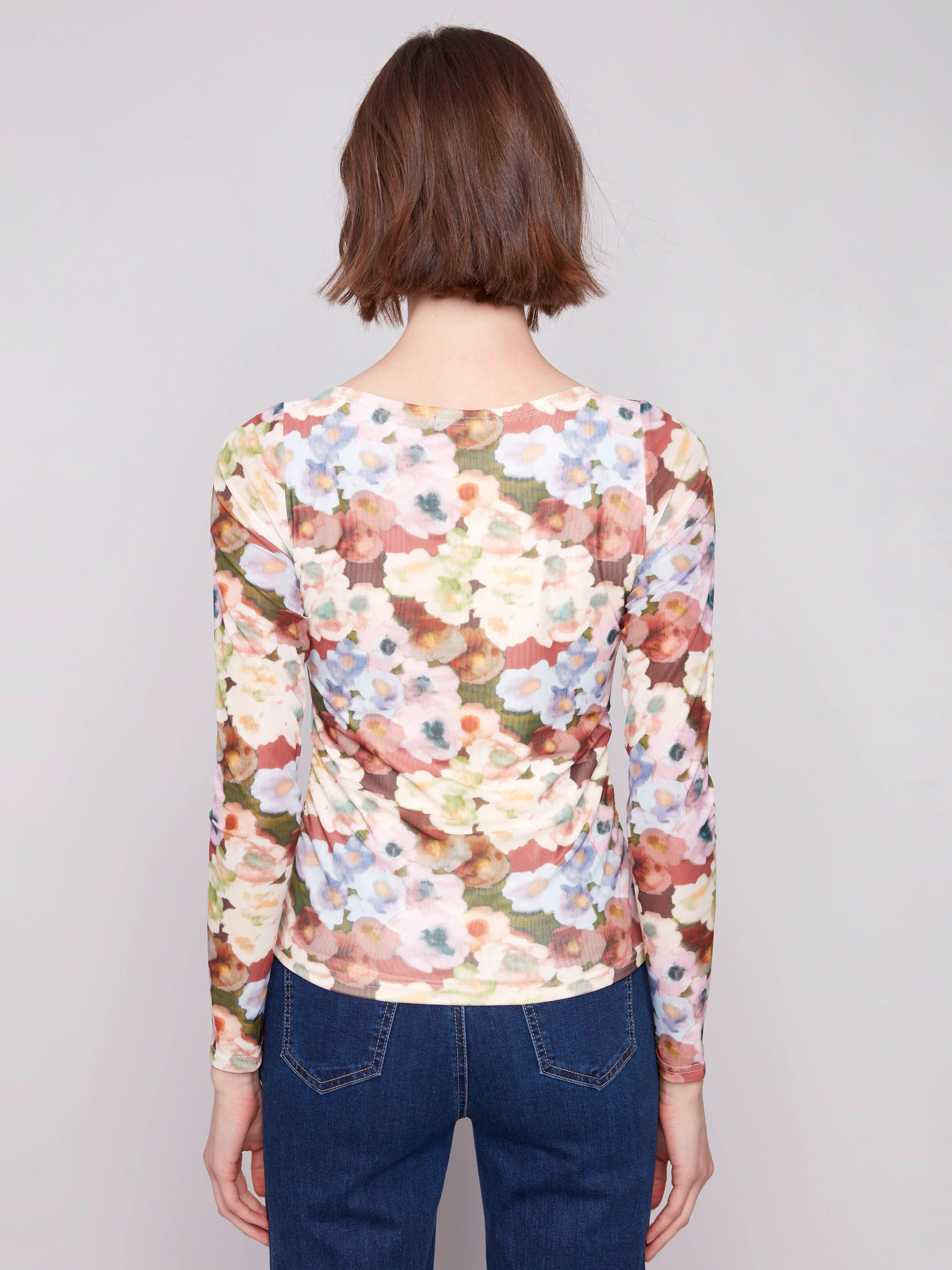 Printed Ruched Mesh Top - Botanical - WHSBYS