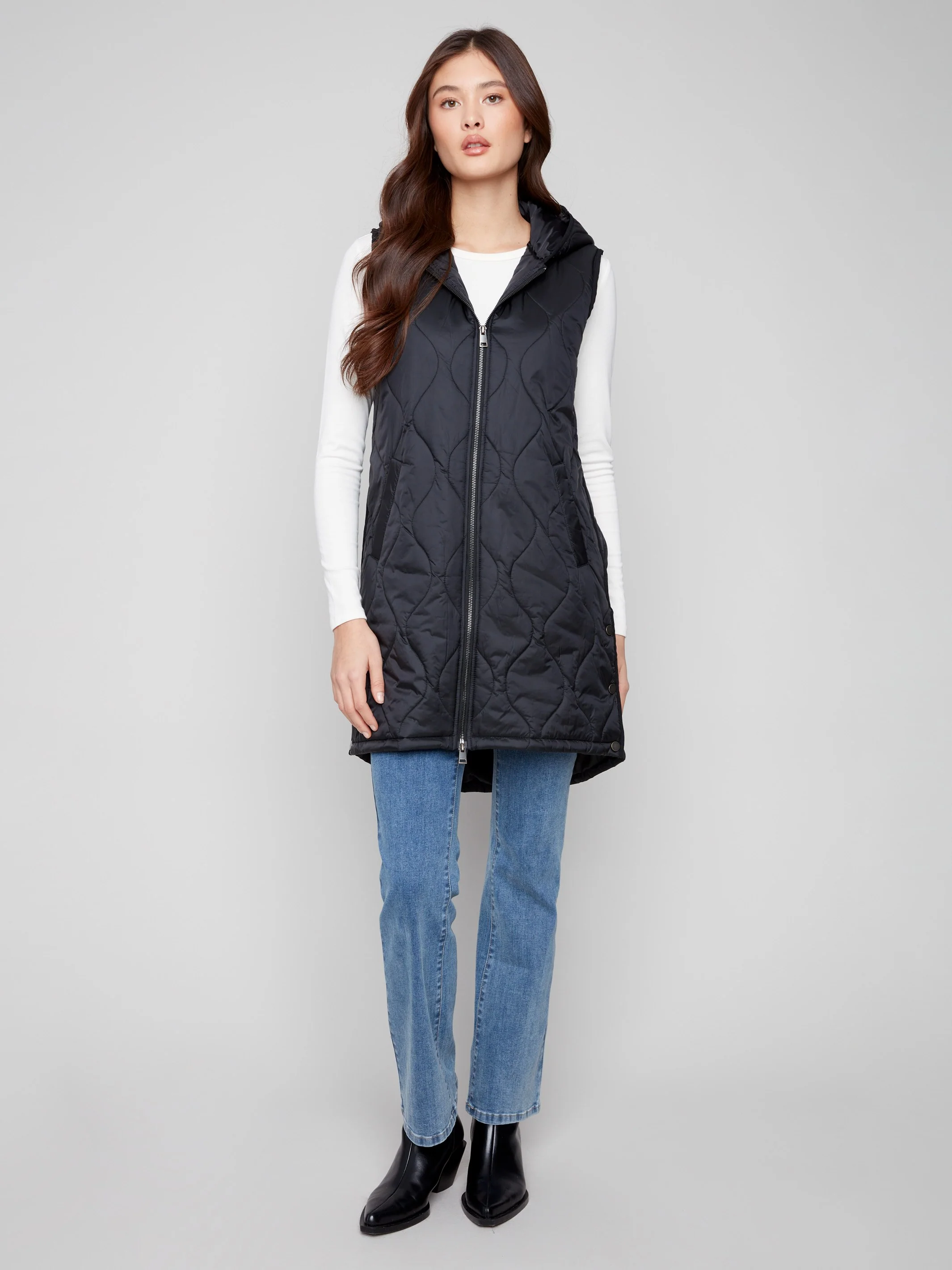 Pearlized Long Hooded Vest - Black - WHSBYS