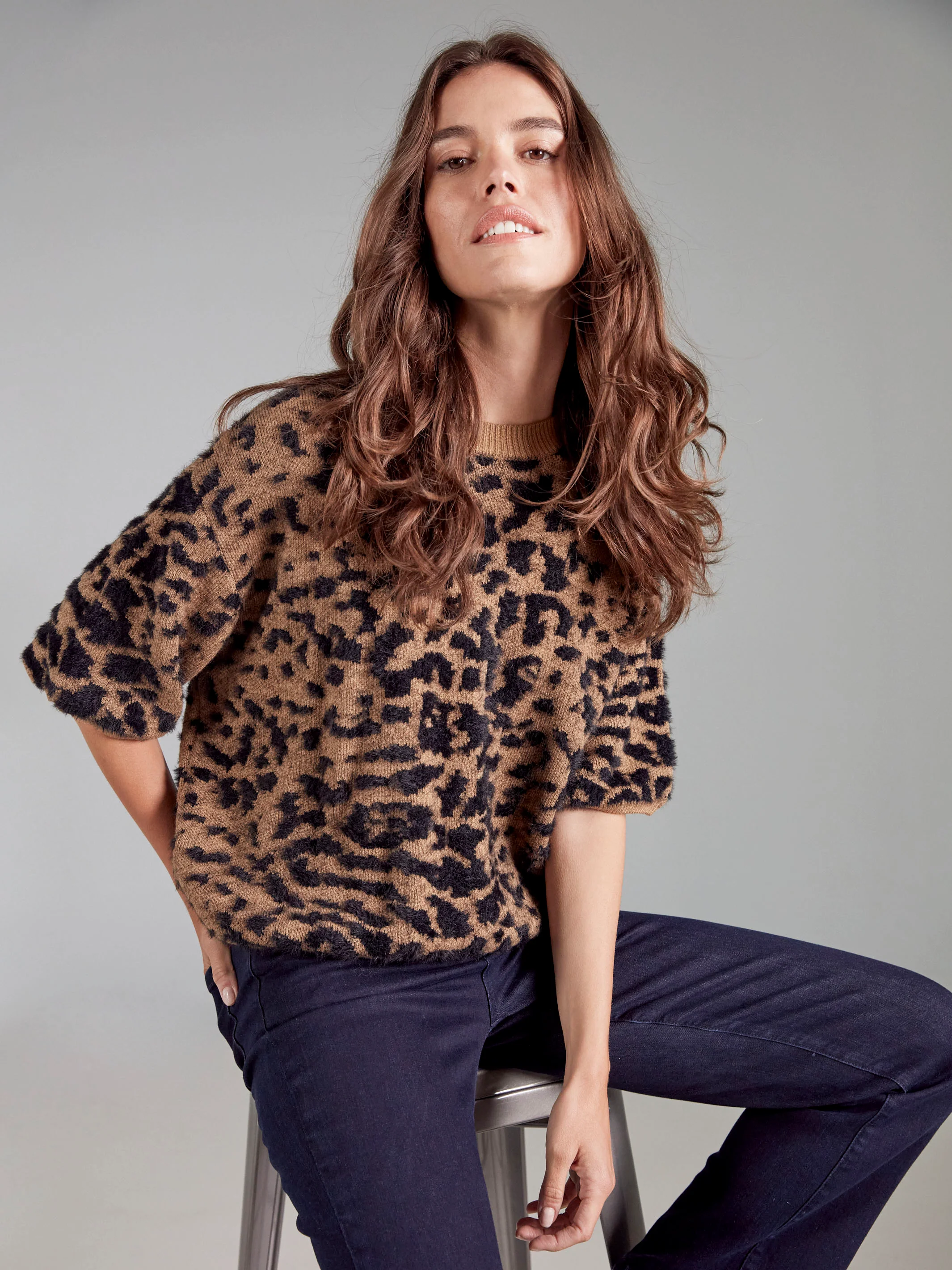Balloon Elbow Sleeve Knit Sweater - Leopard - WHSBYS